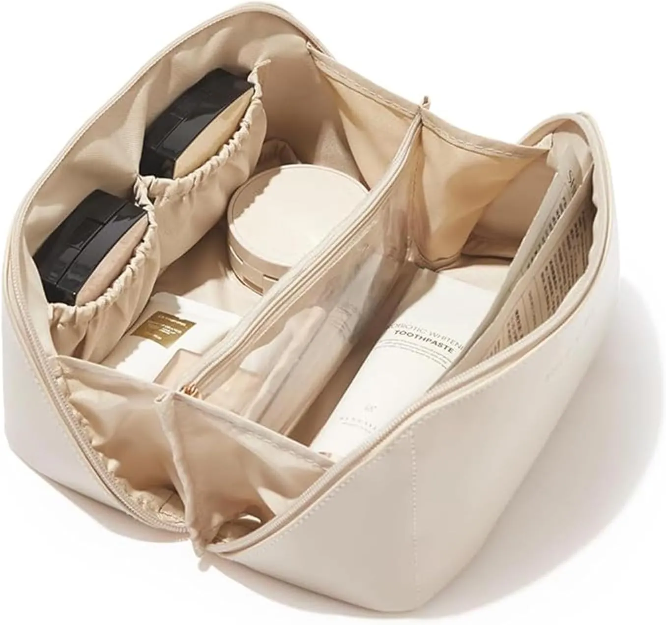 Travel Makeup Bag,Large Capacity Cosmetic Bags for Women,Waterproof Portable Pouch Open Flat Toiletry Bag Make up Organizer with Divider and Handle (White)