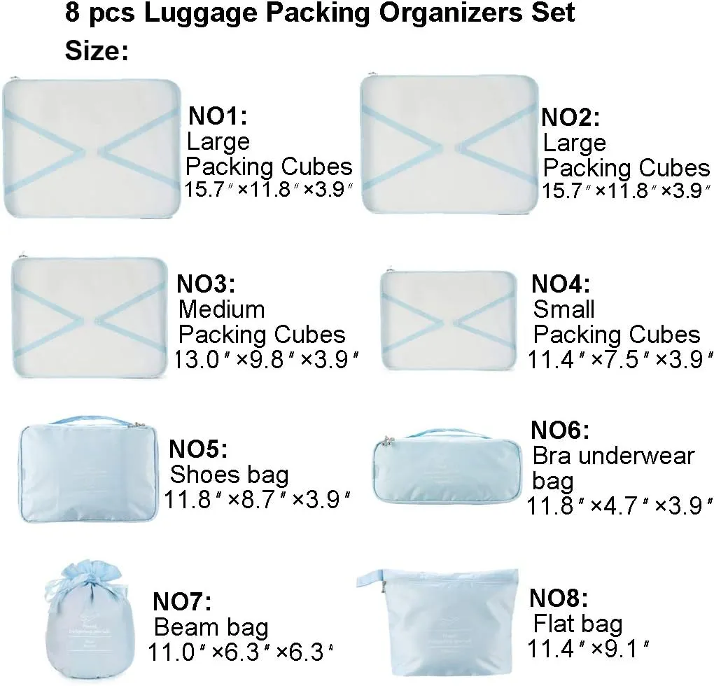 Travel Packing Cubes 8 Pcs Set, Luggage Packing Organizers with Shoe Bag and Toiletry Bag