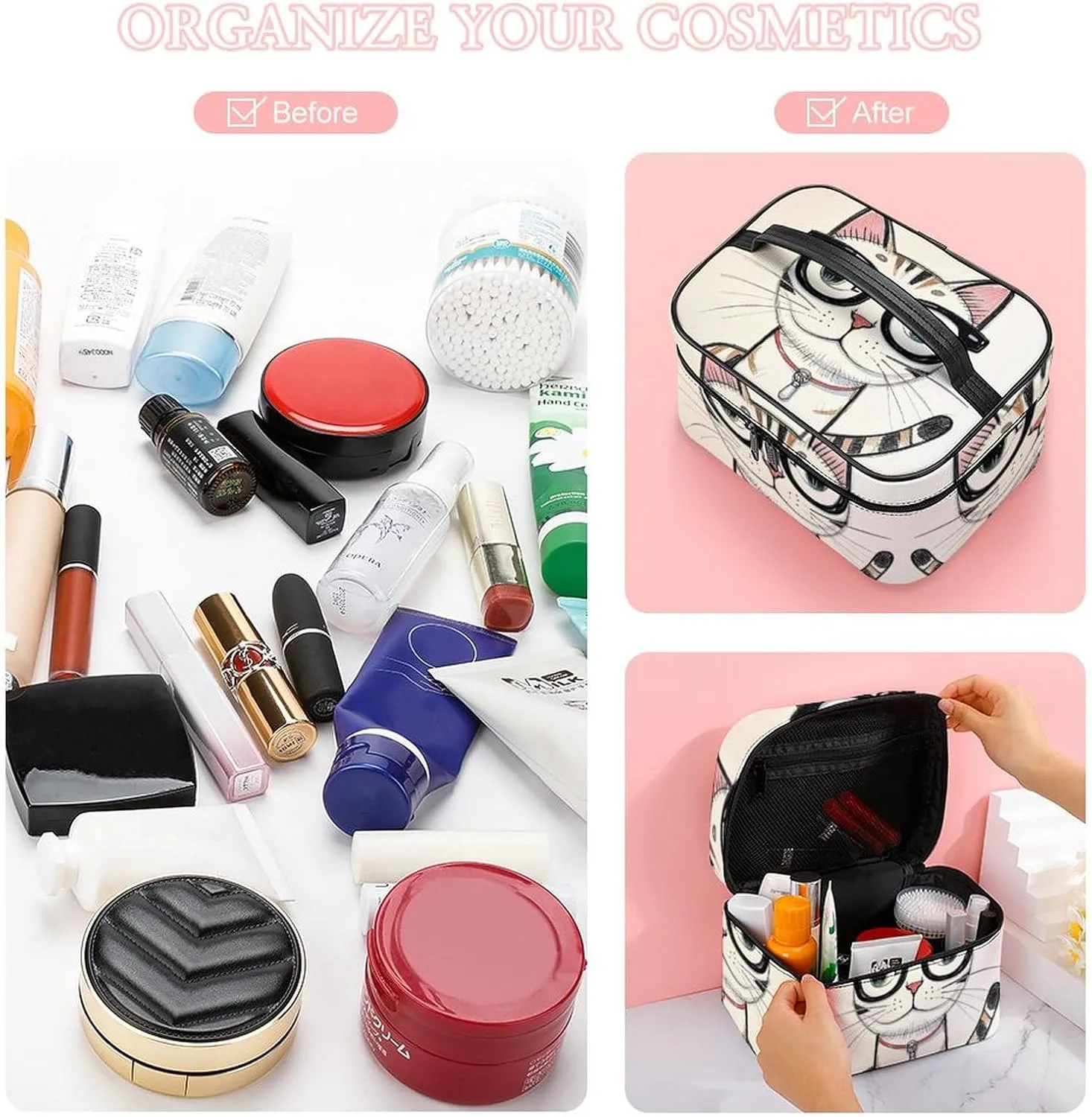 Travel Toiletry Bag for Women And Men,Design Hipster Cat Kitten Glasses Toiletry Organizer, Makeup Bag Travel Organizer for Shampoo,Toiletries