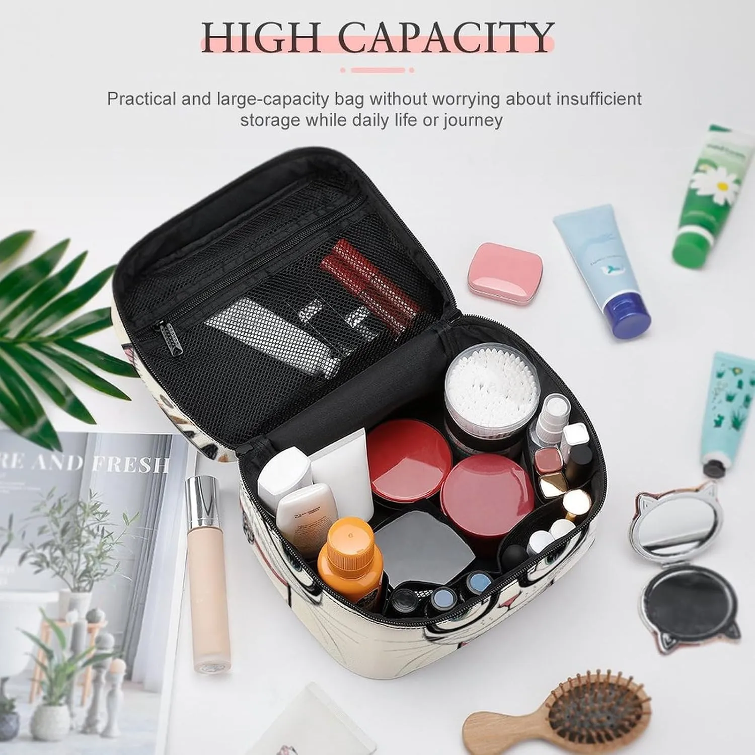 Travel Toiletry Bag for Women And Men,Design Hipster Cat Kitten Glasses Toiletry Organizer, Makeup Bag Travel Organizer for Shampoo,Toiletries