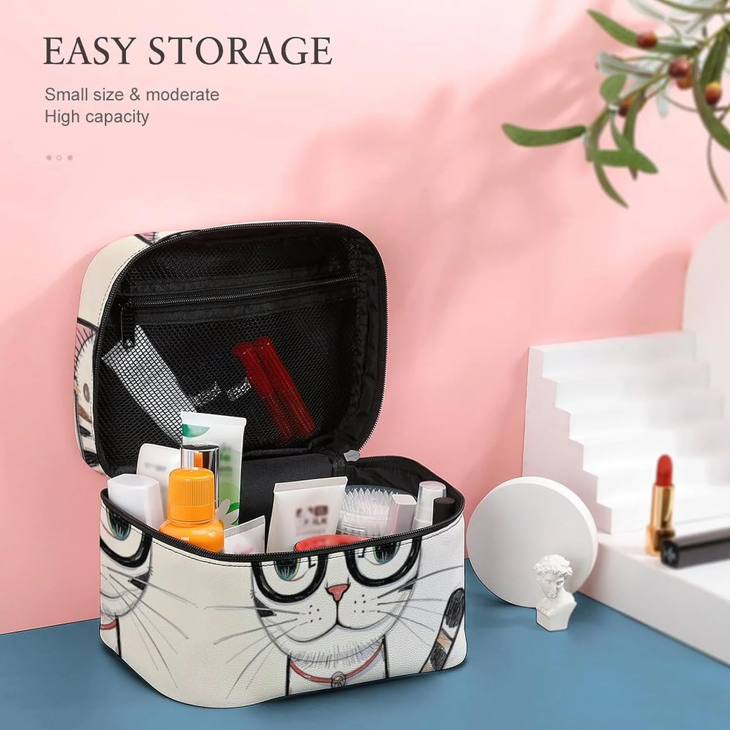 Travel Toiletry Bag for Women And Men,Design Hipster Cat Kitten Glasses Toiletry Organizer, Makeup Bag Travel Organizer for Shampoo,Toiletries