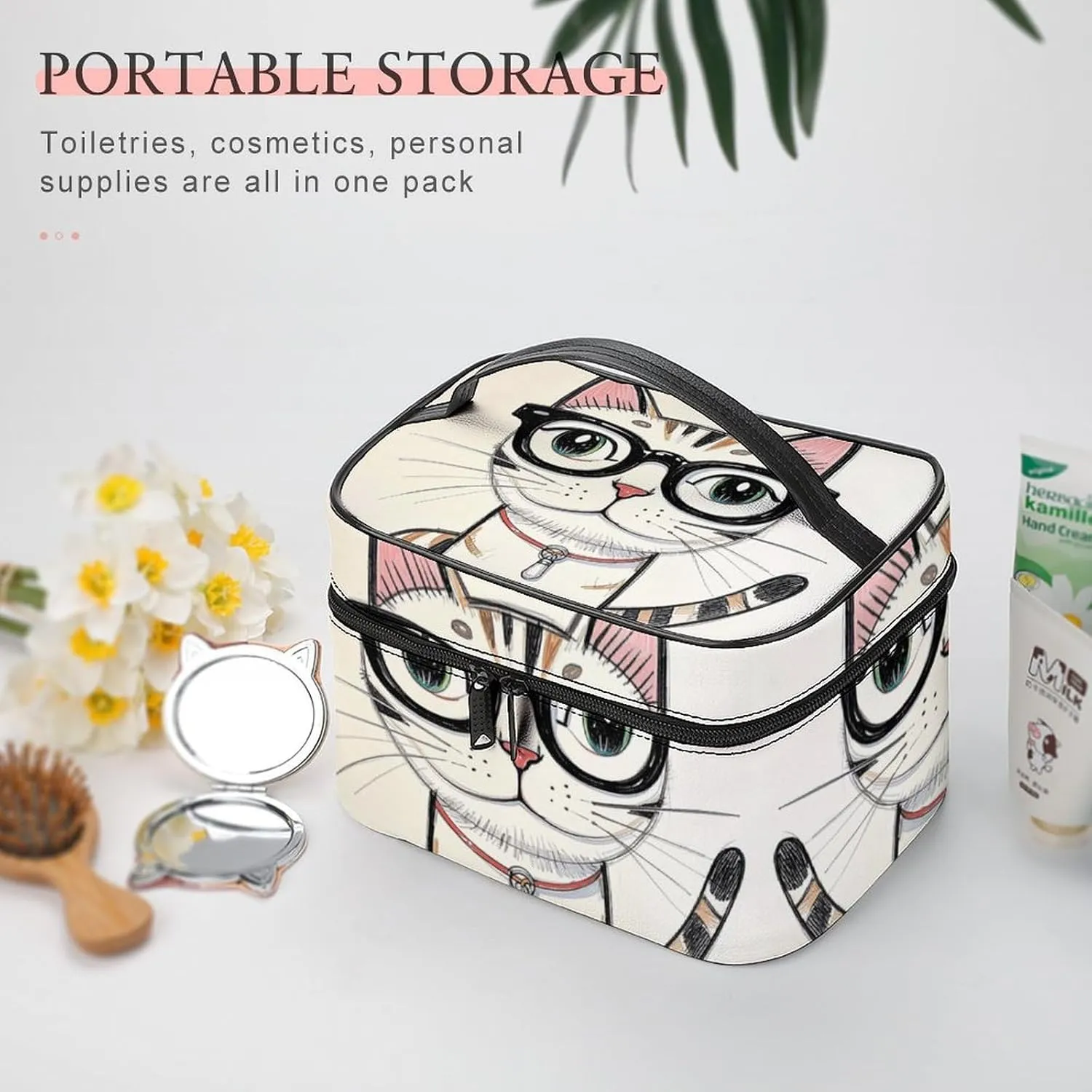 Travel Toiletry Bag for Women And Men,Design Hipster Cat Kitten Glasses Toiletry Organizer, Makeup Bag Travel Organizer for Shampoo,Toiletries