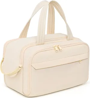 Travel Toiletry Bag For Women, Large Makeup Bag Of Multiple Compartments, Lightweight Puffy Traveling Case with Portable Handle, Wet and Dry Cosmetic Bag Fits Well In Suitcase, Beige