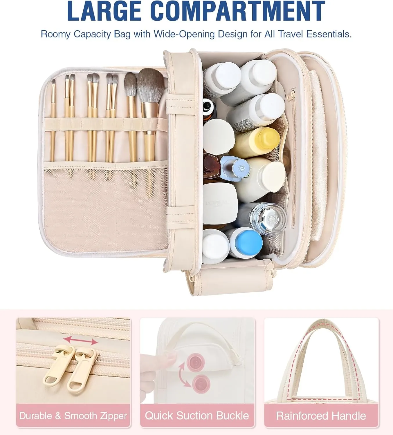 Travel Toiletry Bag For Women, Large Makeup Bag Of Multiple Compartments, Lightweight Puffy Traveling Case with Portable Handle, Wet and Dry Cosmetic Bag Fits Well In Suitcase, Beige