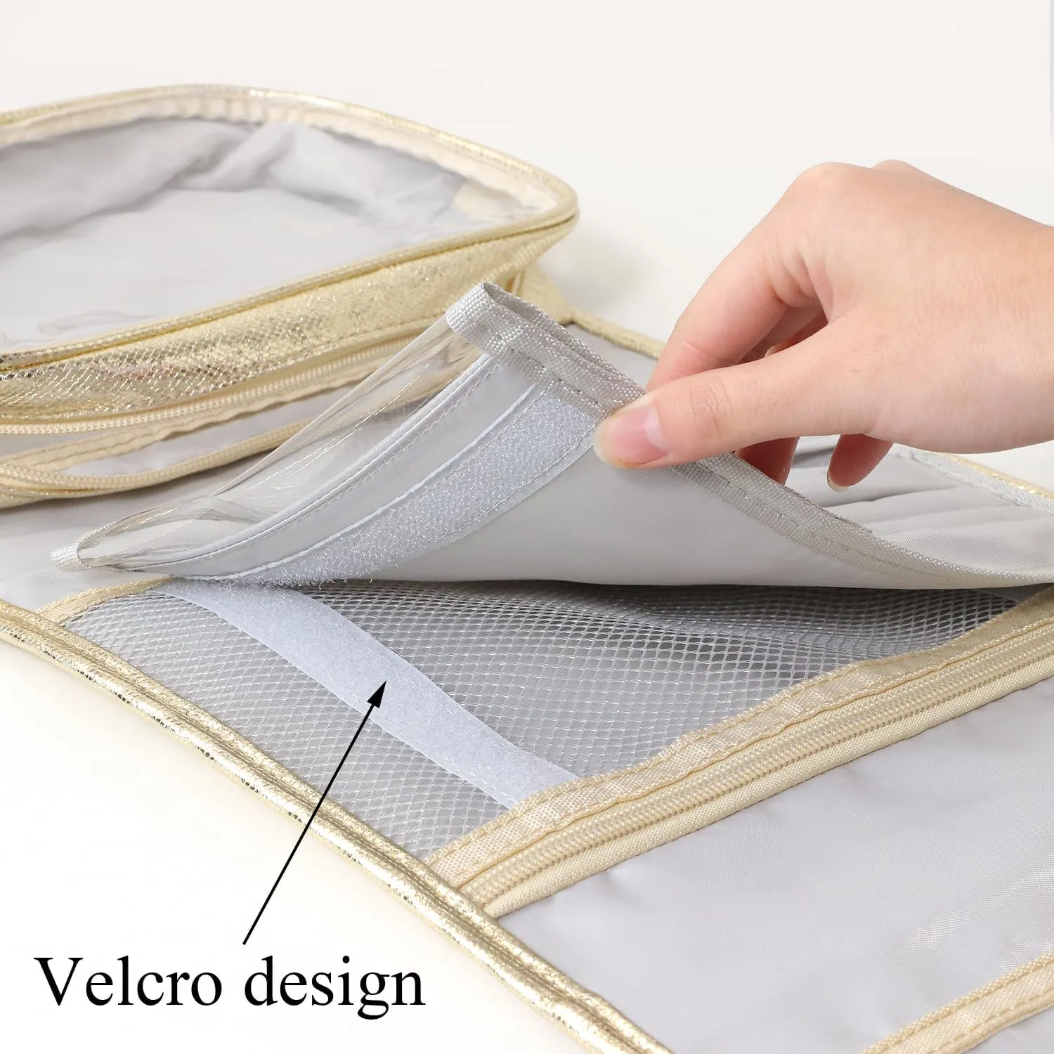 Travel Toiletry Bag for Women,Hanging Travel Toiletry Bag with Jewelry Organizer Compartment,Makeup Bag, Waterproof and Dirt Resistant, Travel Essentials, Gold