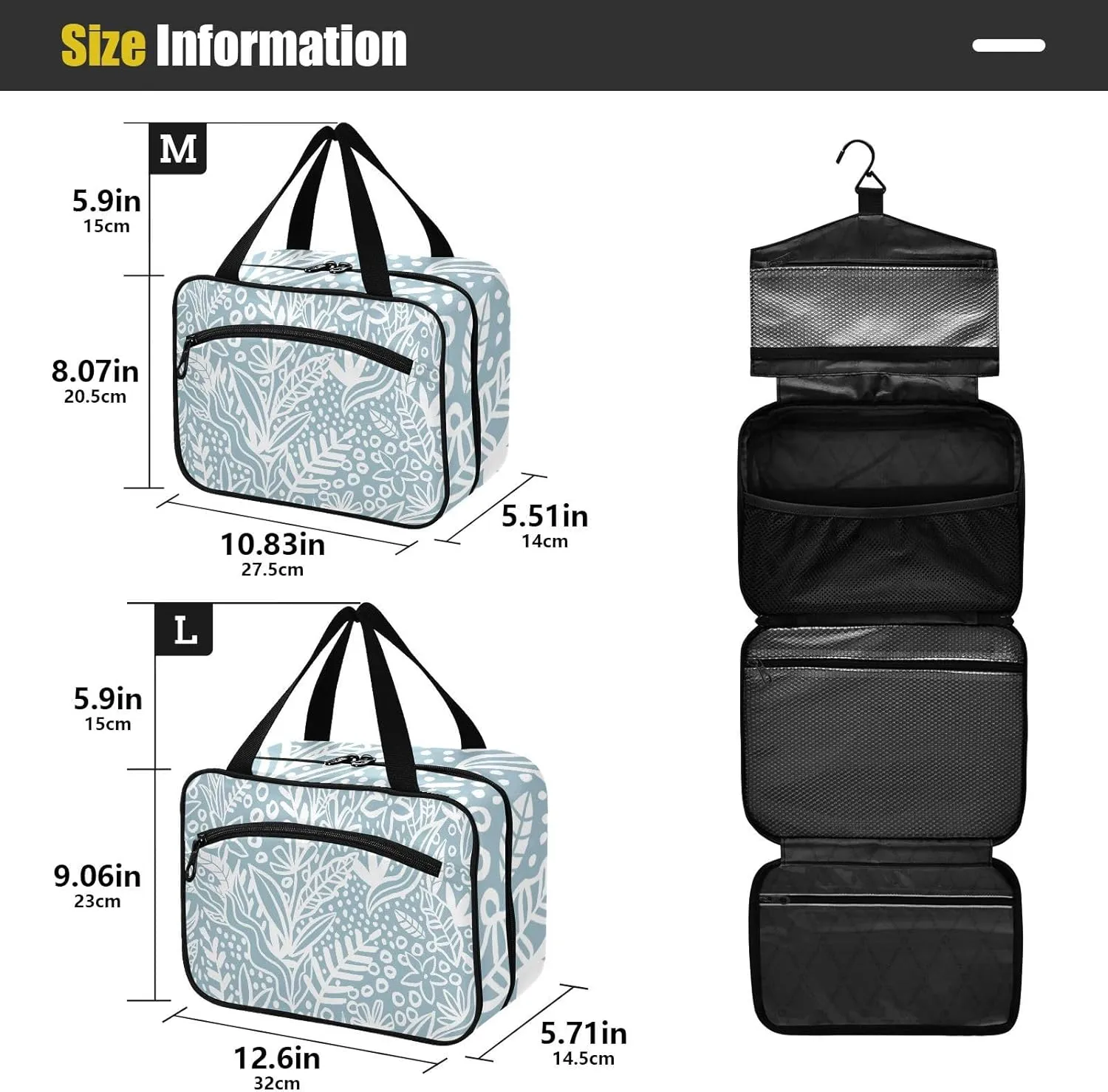 Travel Toiletry Bag Hanging Cosmetic Bag Compact Toiletry Bag with Large Capacity for Women Medium Blue Leaves