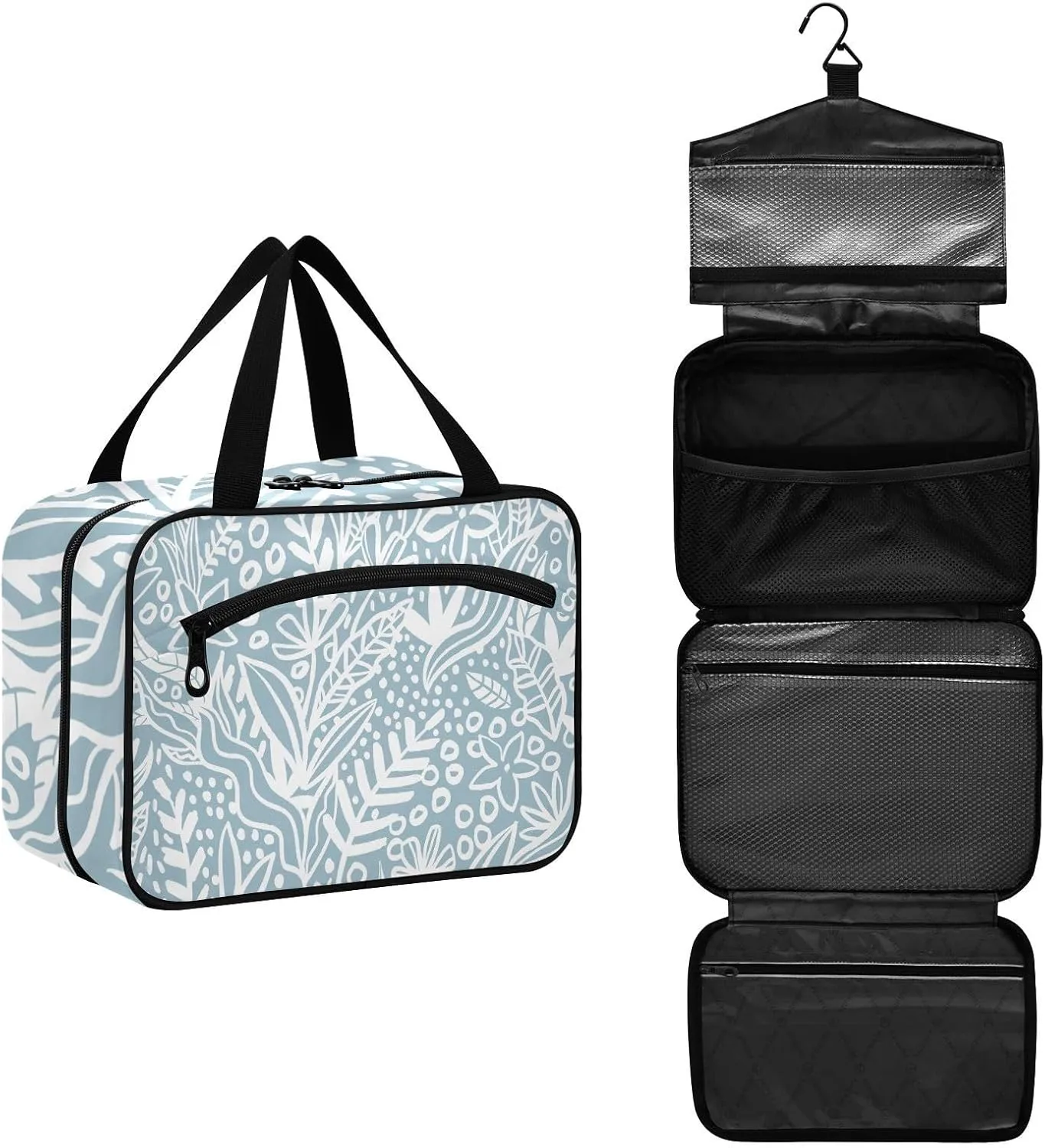 Travel Toiletry Bag Hanging Cosmetic Bag Compact Toiletry Bag with Large Capacity for Women Medium Blue Leaves