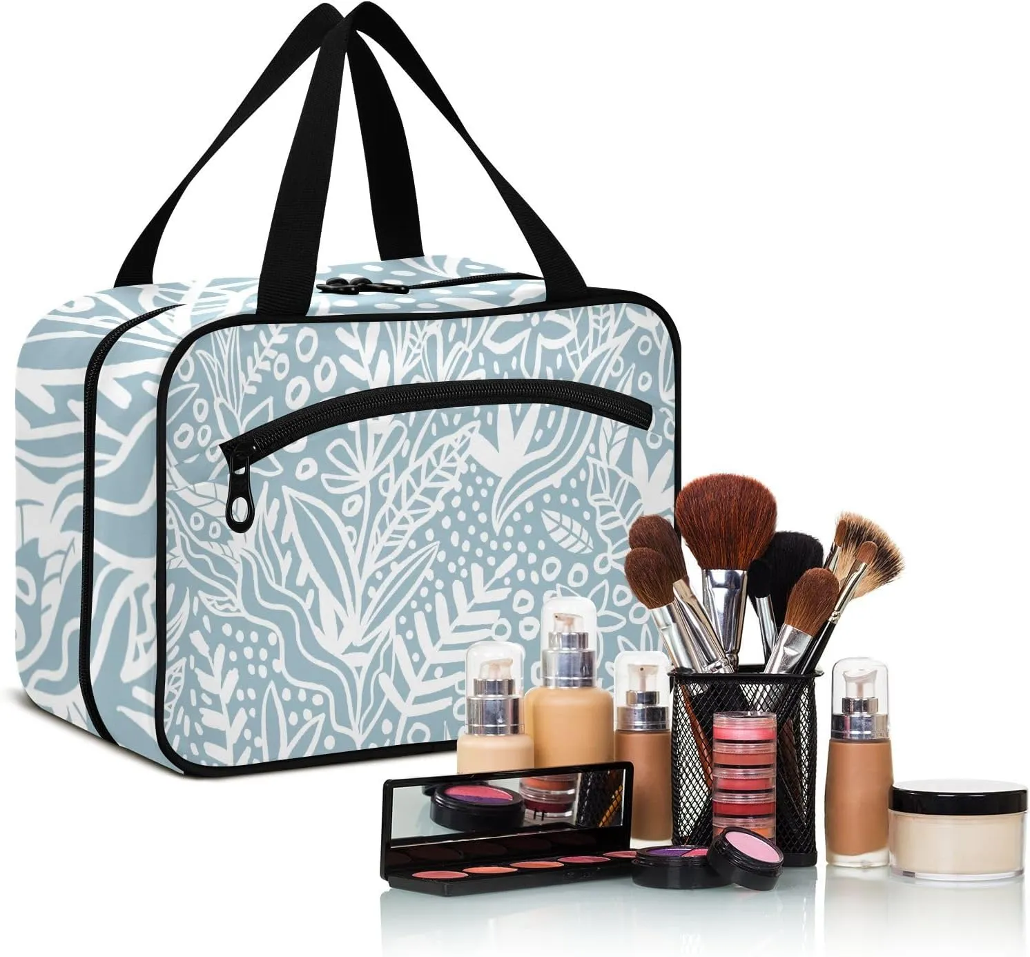 Travel Toiletry Bag Hanging Cosmetic Bag Compact Toiletry Bag with Large Capacity for Women Medium Blue Leaves