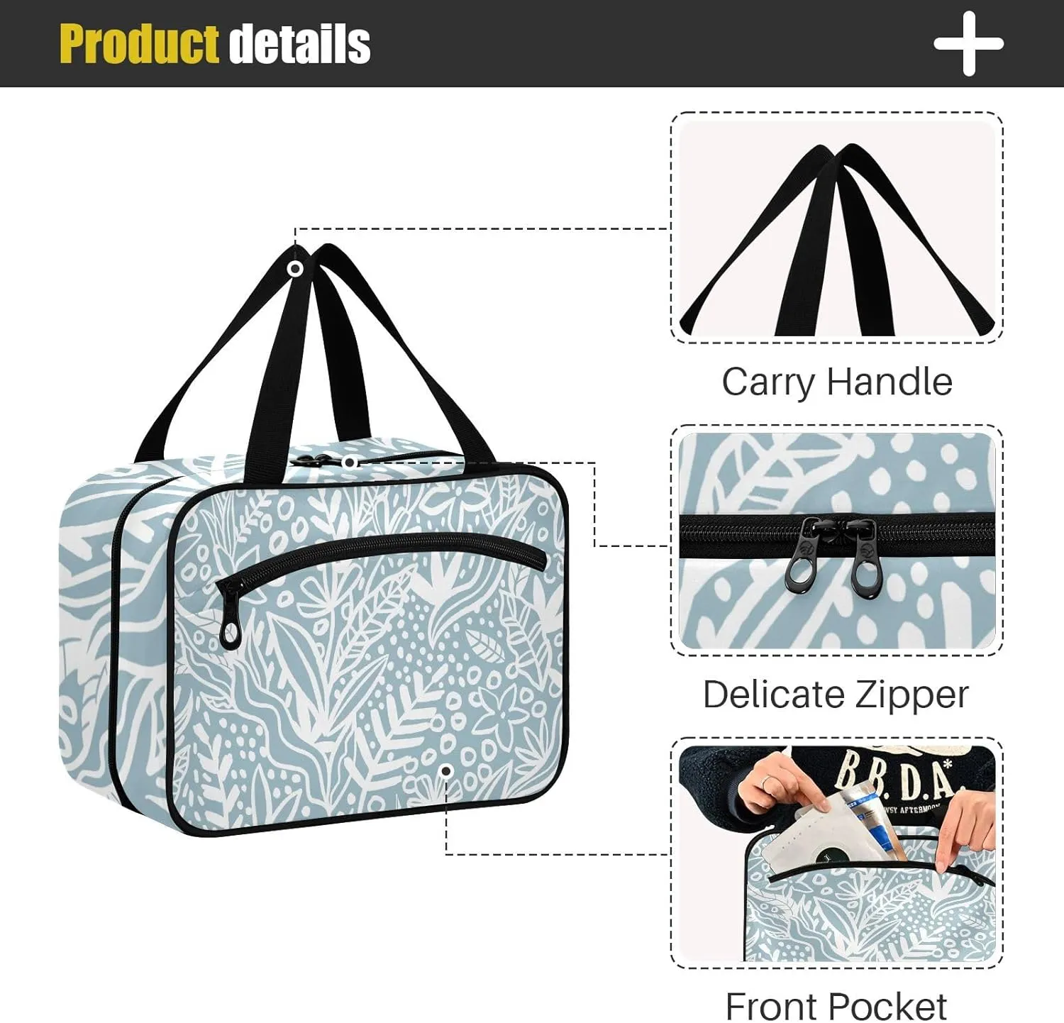 Travel Toiletry Bag Hanging Cosmetic Bag Compact Toiletry Bag with Large Capacity for Women Medium Blue Leaves