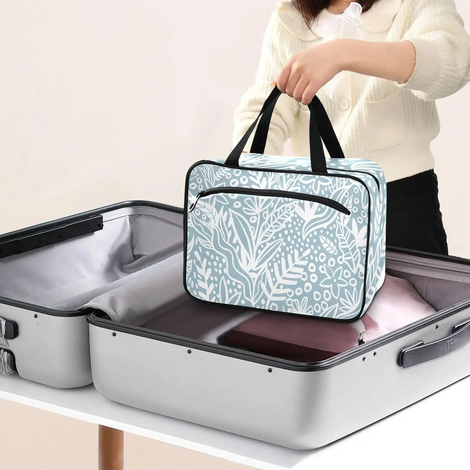 Travel Toiletry Bag Hanging Cosmetic Bag Compact Toiletry Bag with Large Capacity for Women Medium Blue Leaves