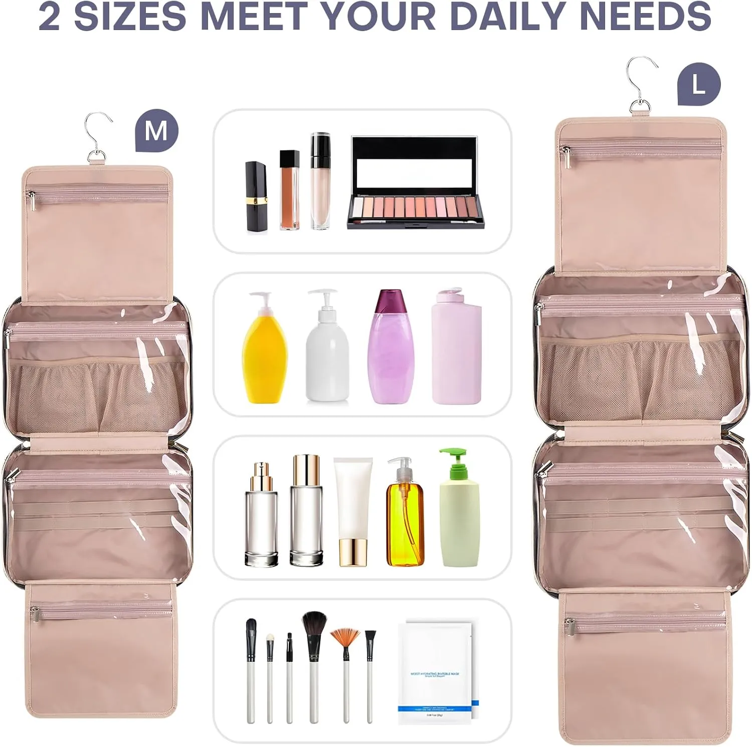 Travel Toiletry Bags with Hanging Hook for Full-size Toiletries, Brushes Set, Cosmetics - Medium Grey