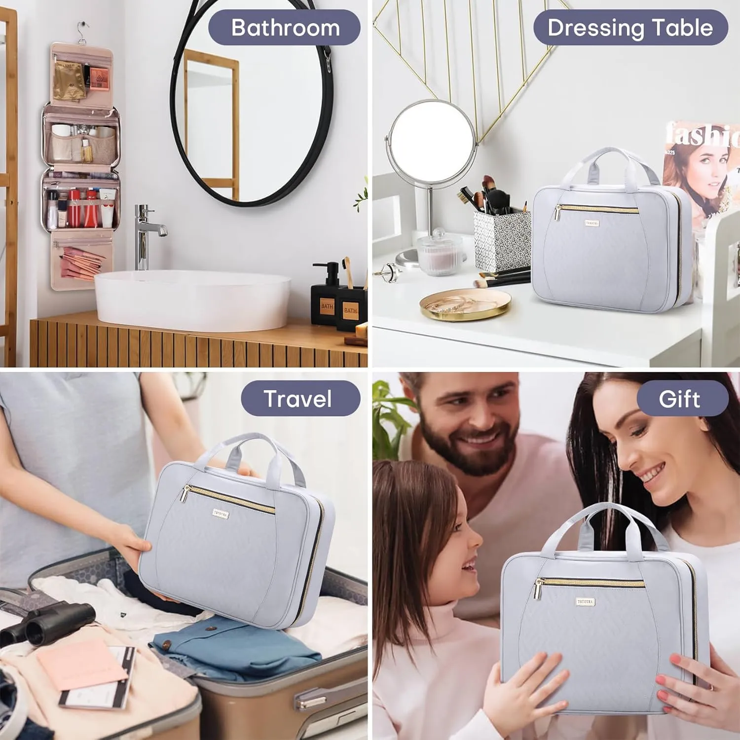 Travel Toiletry Bags with Hanging Hook for Full-size Toiletries, Brushes Set, Cosmetics - Medium Grey