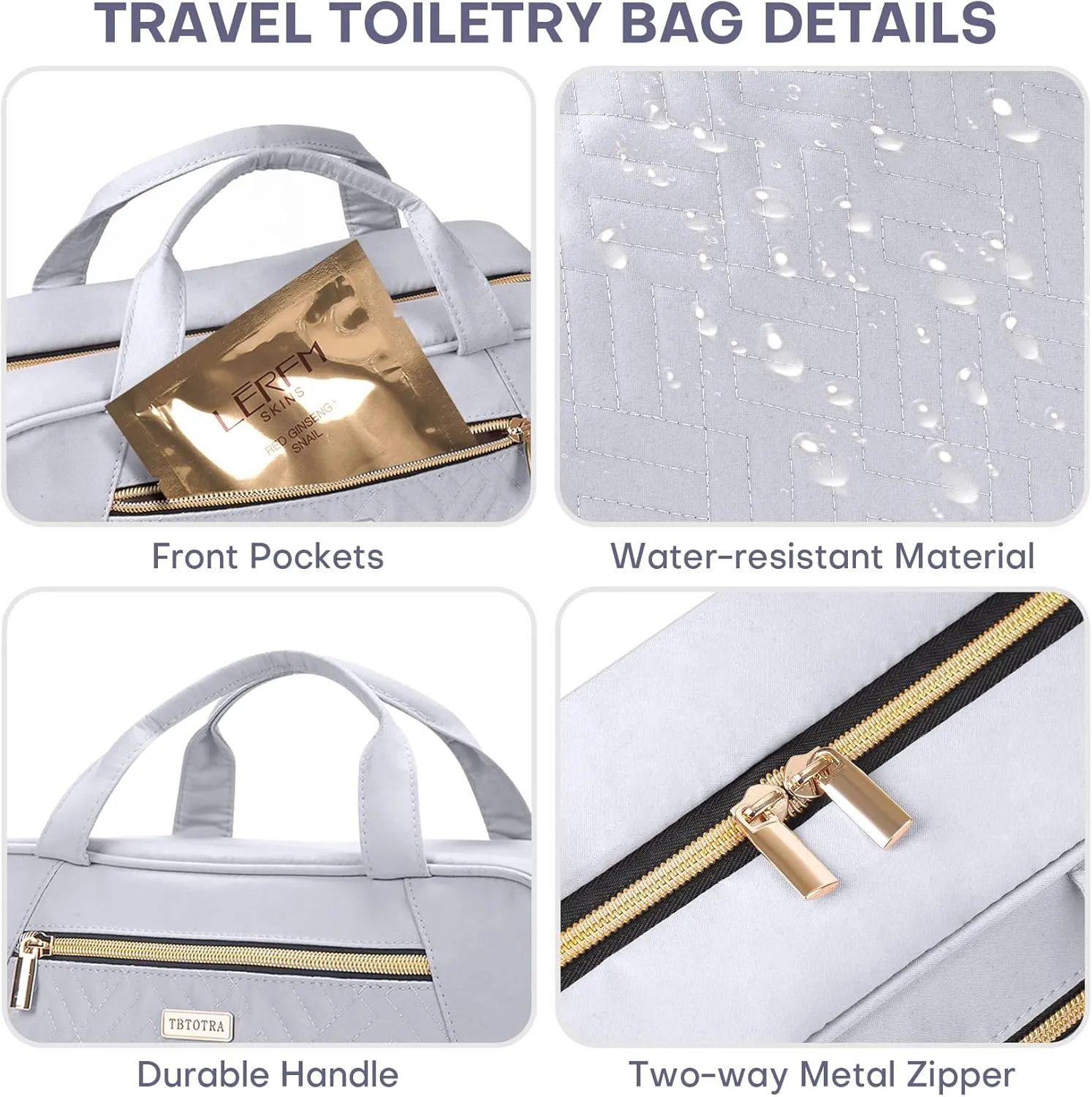 Travel Toiletry Bags with Hanging Hook for Full-size Toiletries, Brushes Set, Cosmetics - Medium Grey