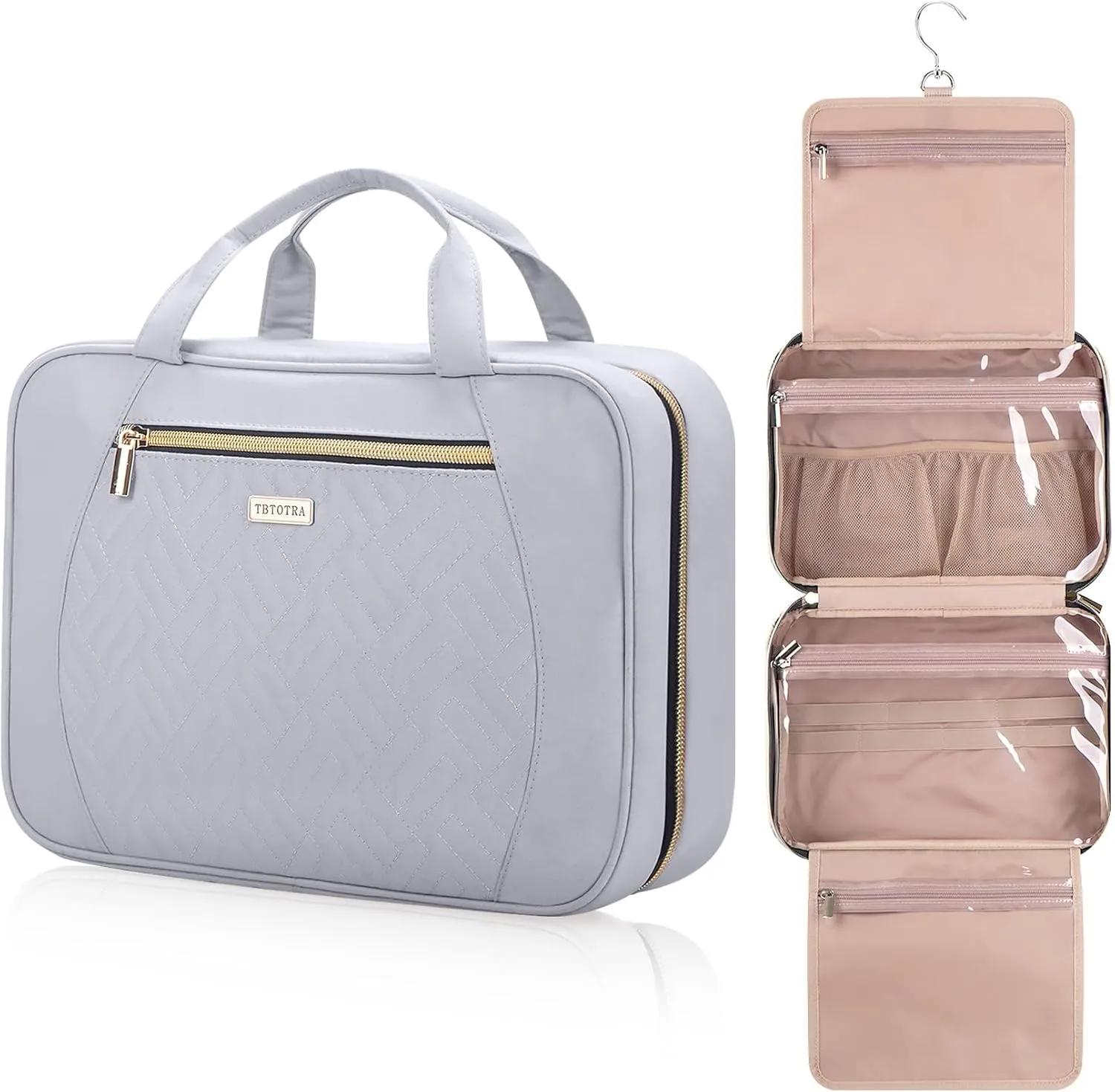 Travel Toiletry Bags with Hanging Hook for Full-size Toiletries, Brushes Set, Cosmetics - Medium Grey