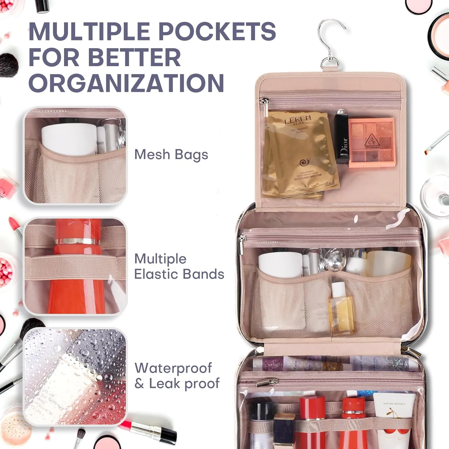 Travel Toiletry Bags with Hanging Hook for Full-size Toiletries, Brushes Set, Cosmetics - Medium Grey