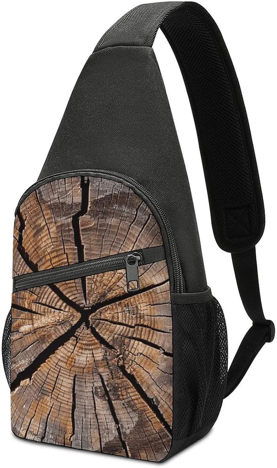 Tree Stump Wood Grain Sling Bag Mini Crossbody Bags Travel Daypack Fanny Chest Bag Sling Backpack for Men Women