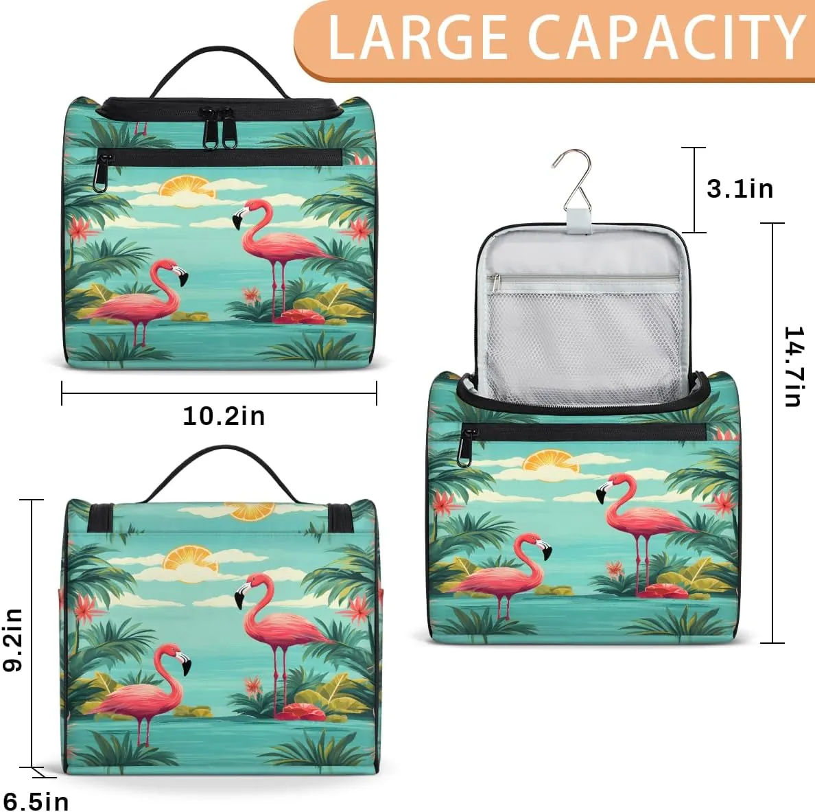 Tropical Flamingo Travel Toiletry Bag for Men and Women, Large Hanging Makeup Bag Organizer Toiletries Bag for Travel, Cosmetic Bag with Handle