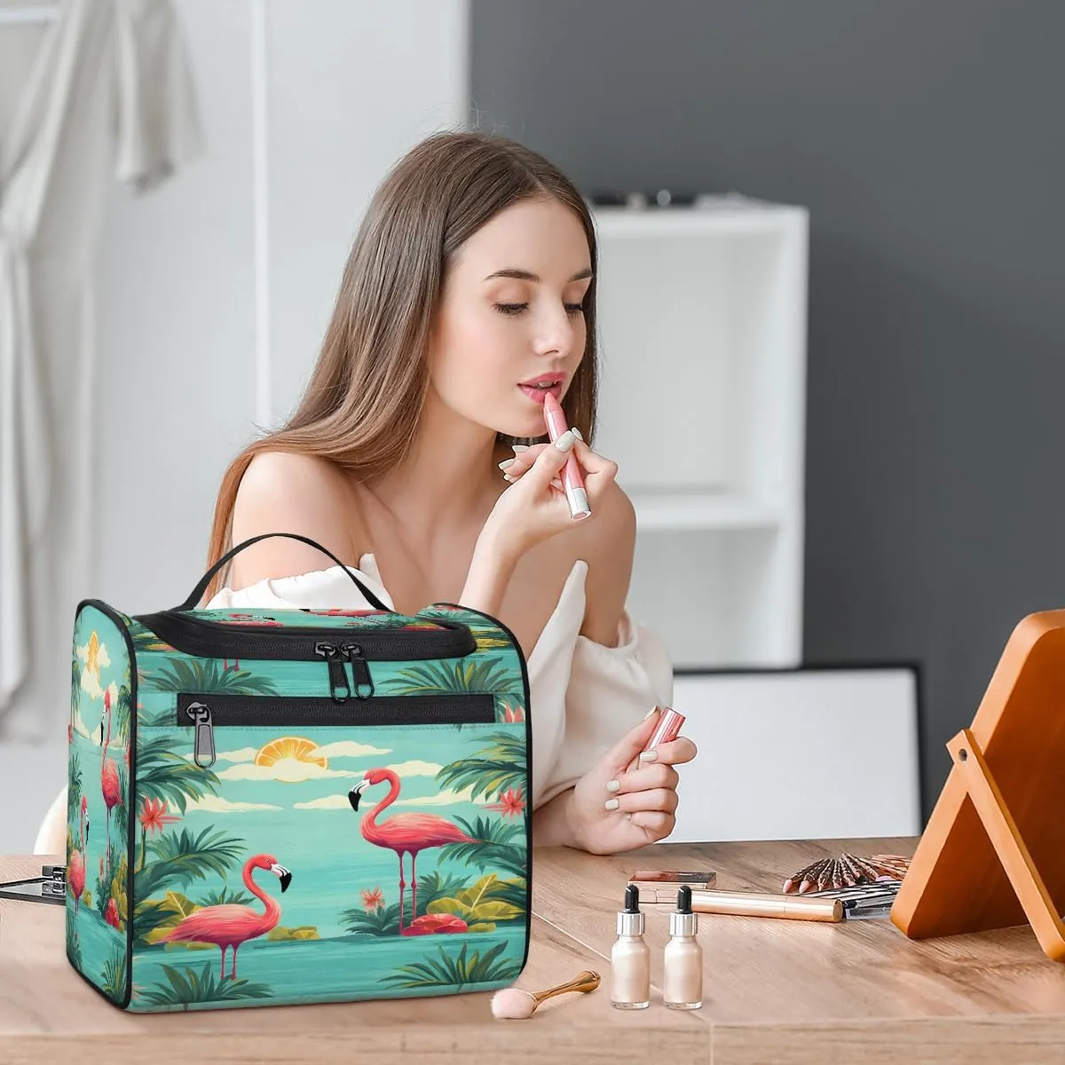 Tropical Flamingo Travel Toiletry Bag for Men and Women, Large Hanging Makeup Bag Organizer Toiletries Bag for Travel, Cosmetic Bag with Handle