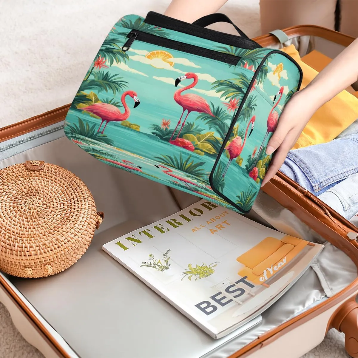 Tropical Flamingo Travel Toiletry Bag for Men and Women, Large Hanging Makeup Bag Organizer Toiletries Bag for Travel, Cosmetic Bag with Handle