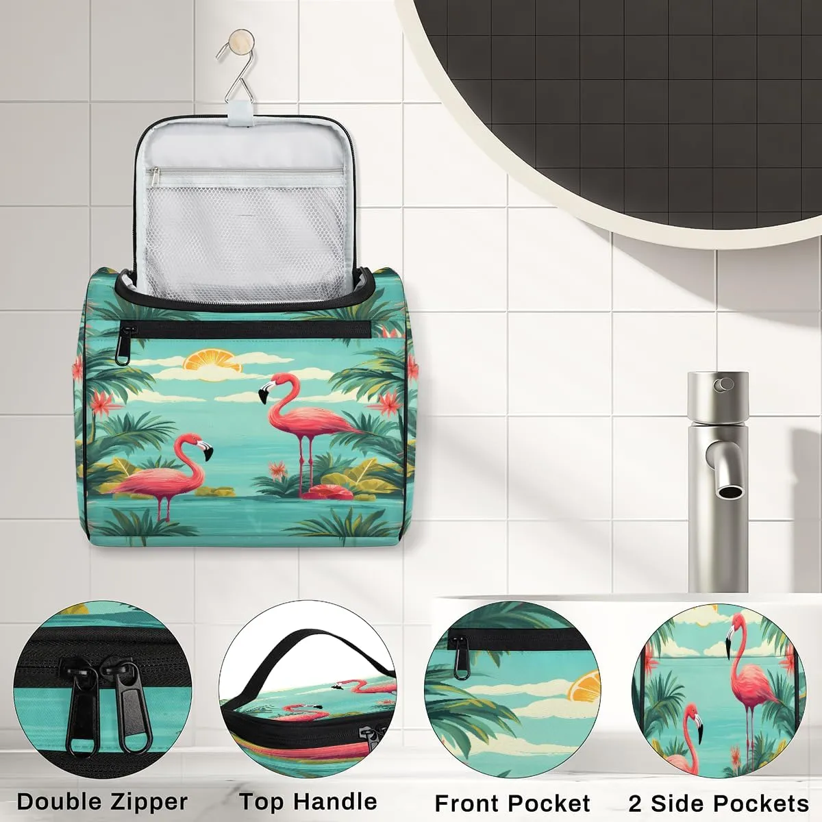 Tropical Flamingo Travel Toiletry Bag for Men and Women, Large Hanging Makeup Bag Organizer Toiletries Bag for Travel, Cosmetic Bag with Handle