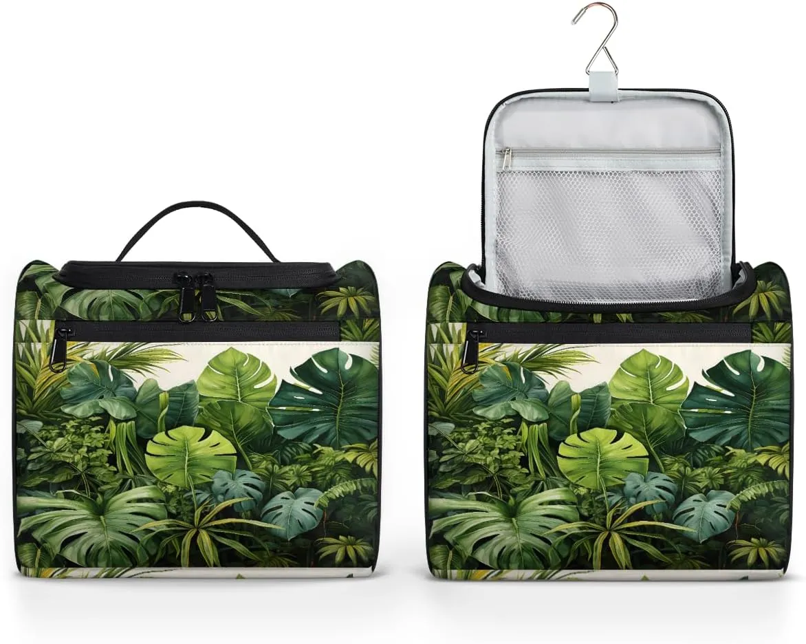 Tropical Green Leaves Travel Toiletry Bag for Men and Women, Large Hanging Makeup Bag Organizer Toiletries Bag for Travel, Cosmetic Bag with Handle