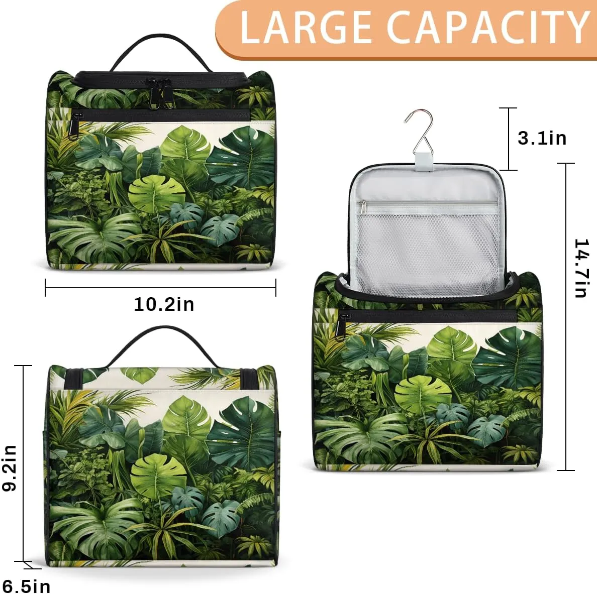 Tropical Green Leaves Travel Toiletry Bag for Men and Women, Large Hanging Makeup Bag Organizer Toiletries Bag for Travel, Cosmetic Bag with Handle