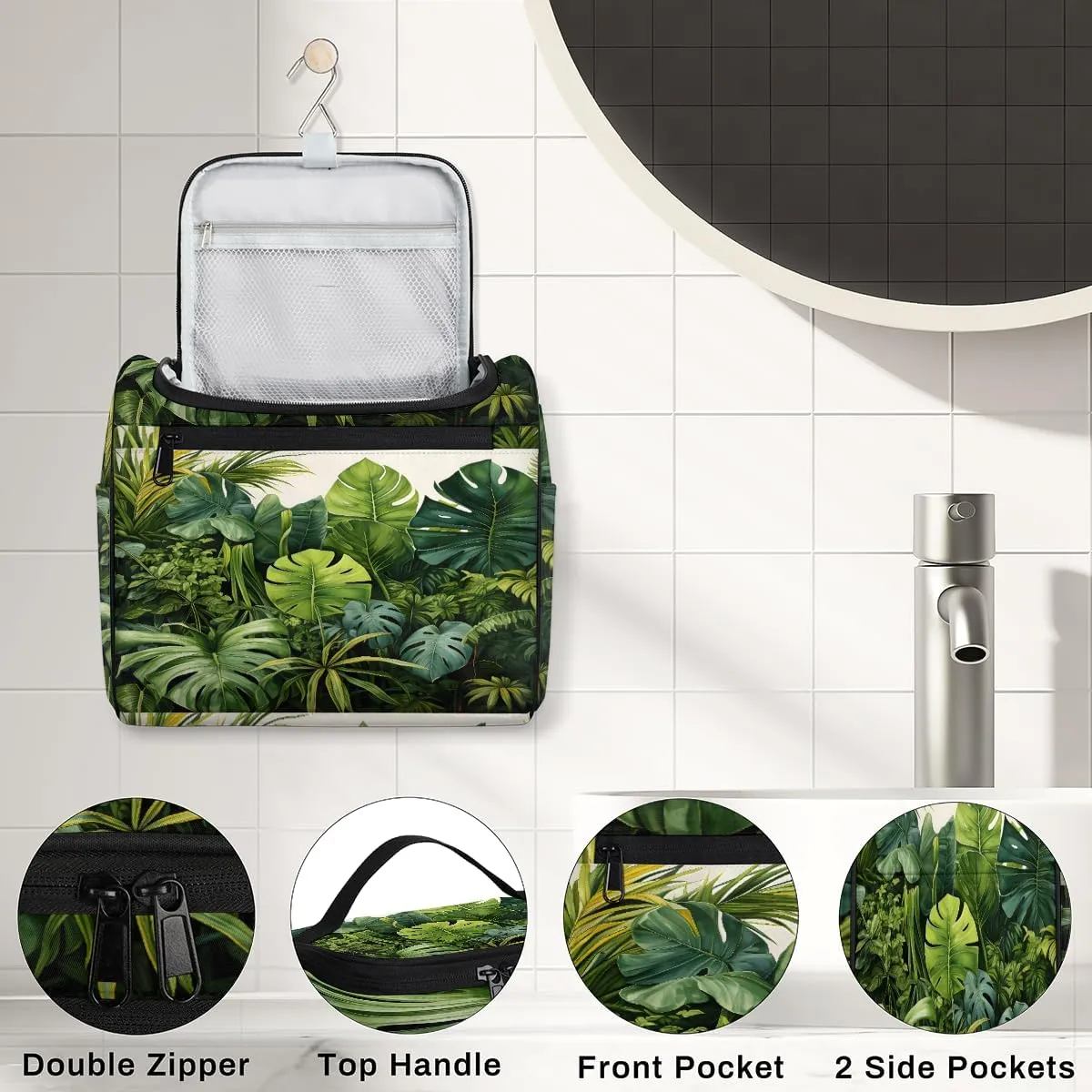 Tropical Green Leaves Travel Toiletry Bag for Men and Women, Large Hanging Makeup Bag Organizer Toiletries Bag for Travel, Cosmetic Bag with Handle