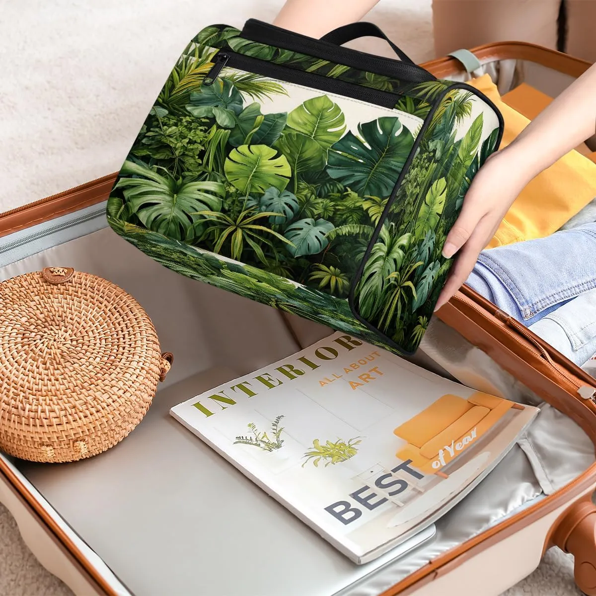 Tropical Green Leaves Travel Toiletry Bag for Men and Women, Large Hanging Makeup Bag Organizer Toiletries Bag for Travel, Cosmetic Bag with Handle
