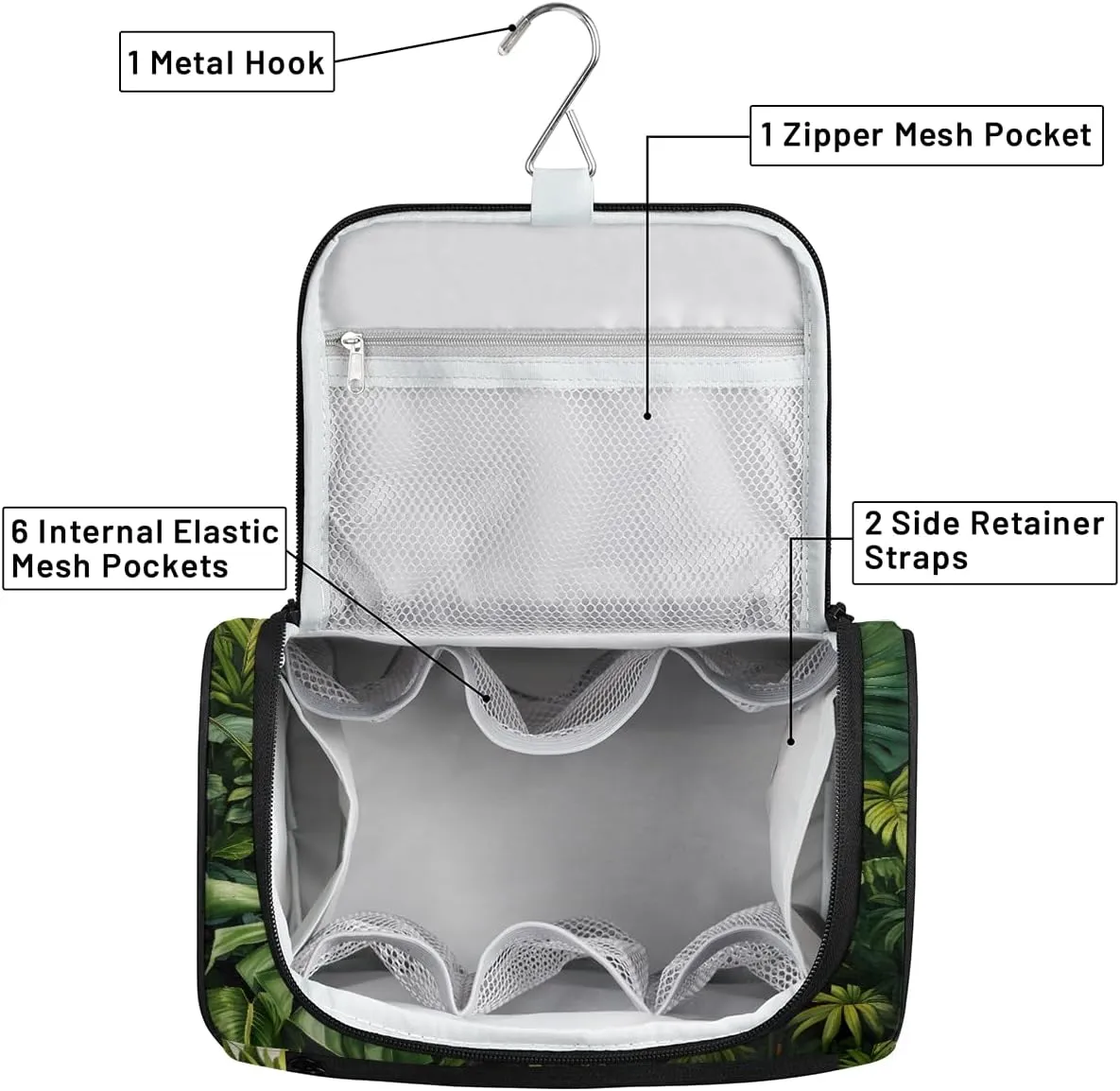 Tropical Green Leaves Travel Toiletry Bag for Men and Women, Large Hanging Makeup Bag Organizer Toiletries Bag for Travel, Cosmetic Bag with Handle