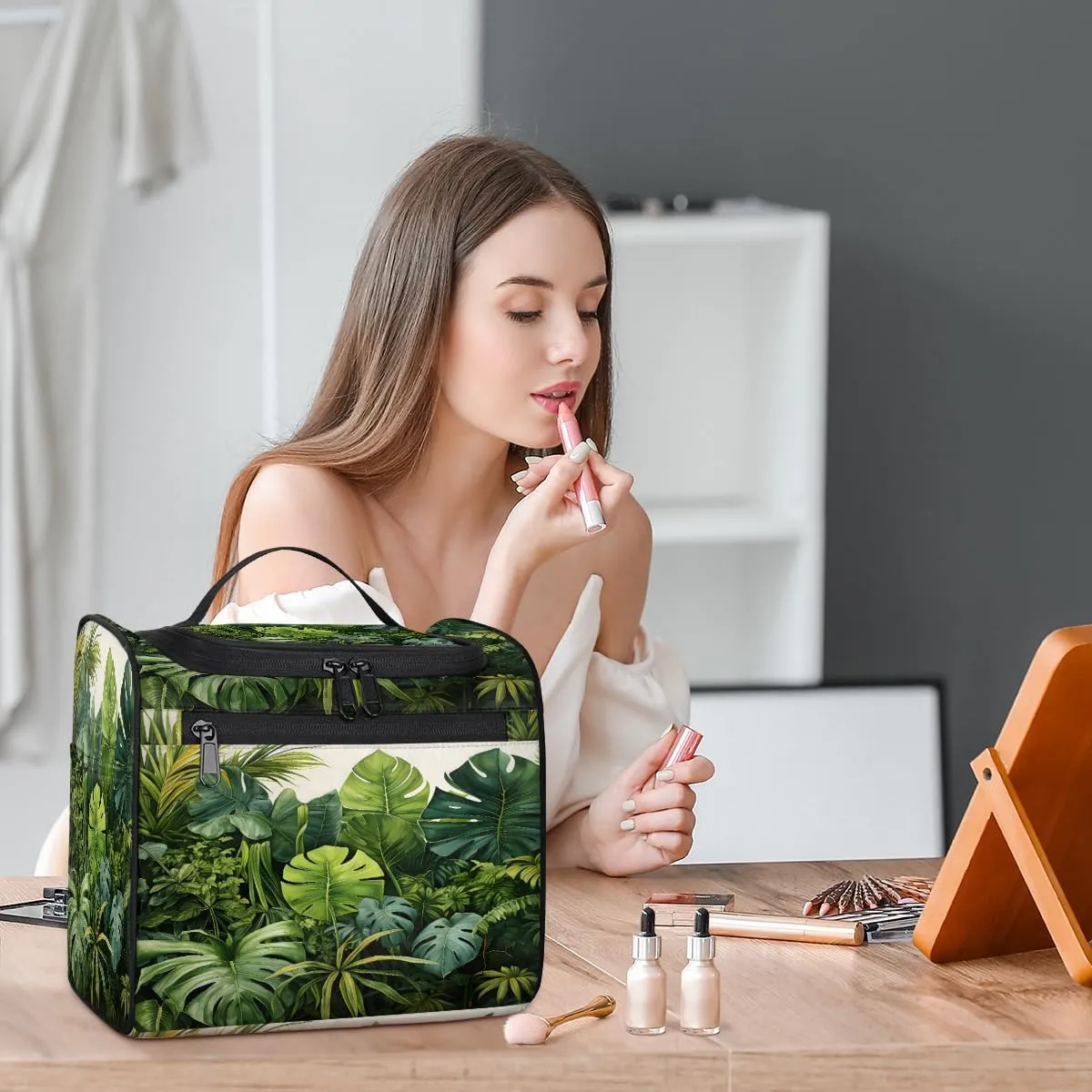 Tropical Green Leaves Travel Toiletry Bag for Men and Women, Large Hanging Makeup Bag Organizer Toiletries Bag for Travel, Cosmetic Bag with Handle
