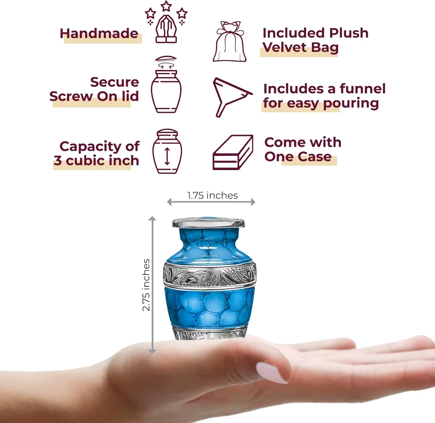 Trupoint Memorials Small Urns for Human Ashes Keepsake, Decorative Mini Cremation Urn for Adult Men and Women, Small Light Blue with Silver Lining