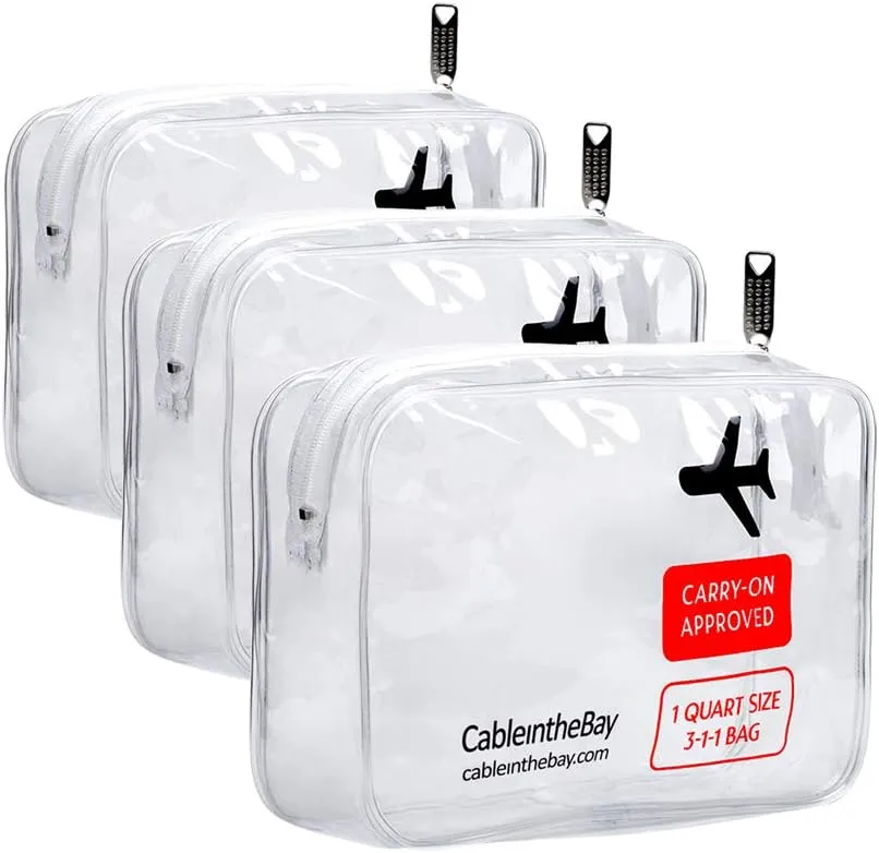 TSA Approved Clear Travel Toiletry Bag-Quart Sized with Zipper-Airport Airline Compliant Bag/Bottles-Men's/Women's 3-1-1 Kit Travel (3 PACK)
