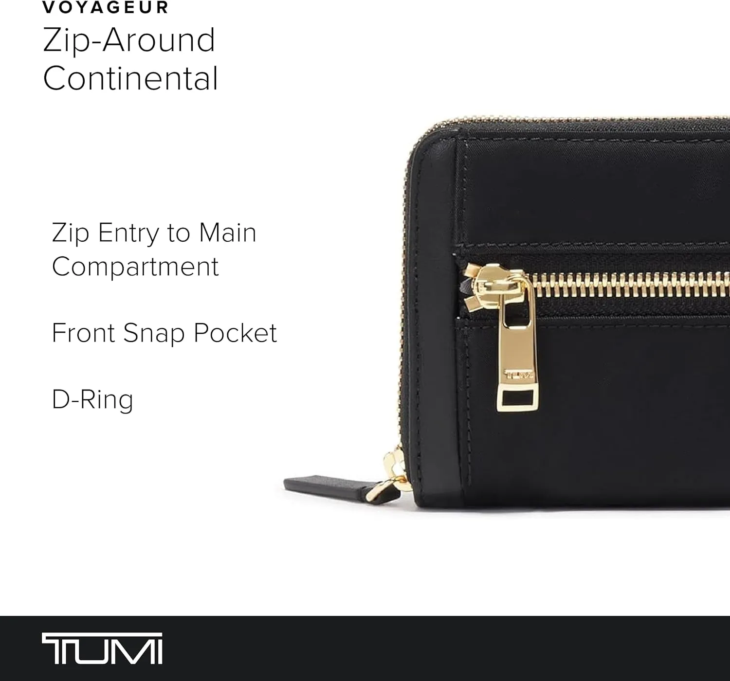 TUMI - Voyageur Zip-Around Continental - Durable Cash & Card Holder - Aesthetic Travel Wallet for Women - Gift Box Included - Black/Gold