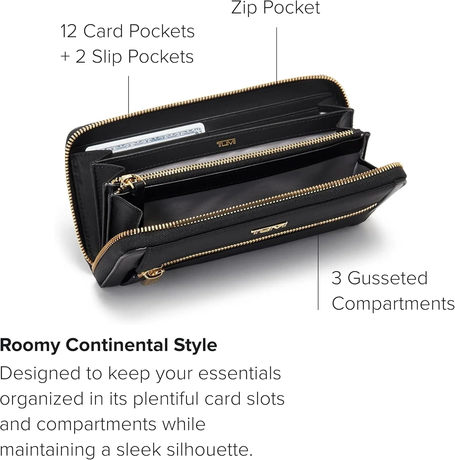 TUMI - Voyageur Zip-Around Continental - Durable Cash & Card Holder - Aesthetic Travel Wallet for Women - Gift Box Included - Black/Gold