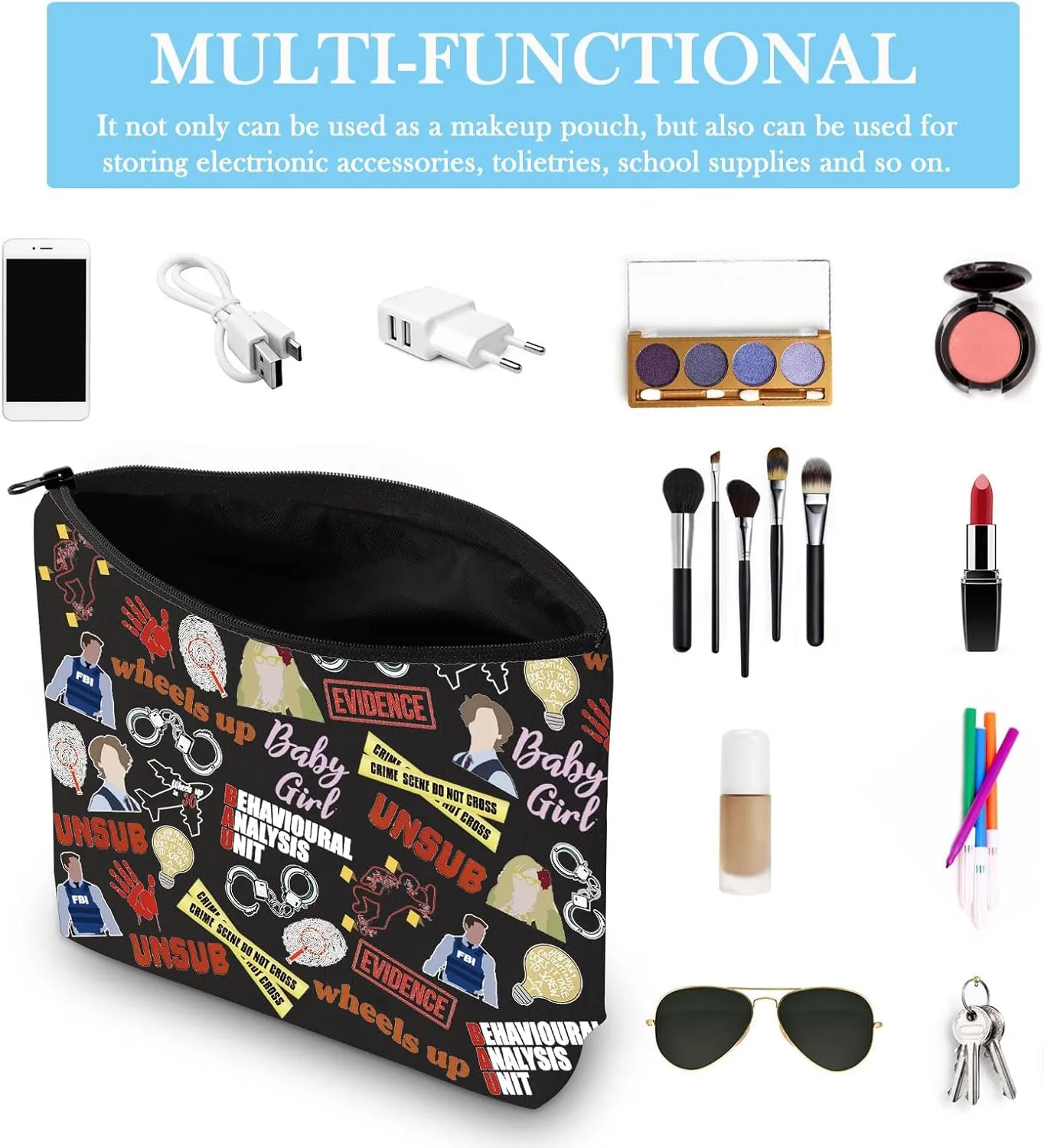 TV Show Inspired Gift TV Show Merchandise Zipper Pouch Spencer Lover Gift Crime Show Makeup Bag for Crime Fans(Crime TV Pattern Black)