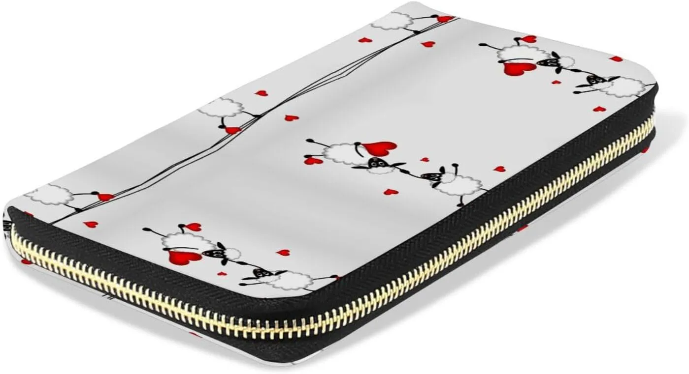 Two sheep Little Lambs Hanging on Washing Line with Red Hearts Leather Long Wallet Organizer with Zipper Purse Clutch Bag for Women Men Key Card Coin Passport Checkbook 8 x 4 inch