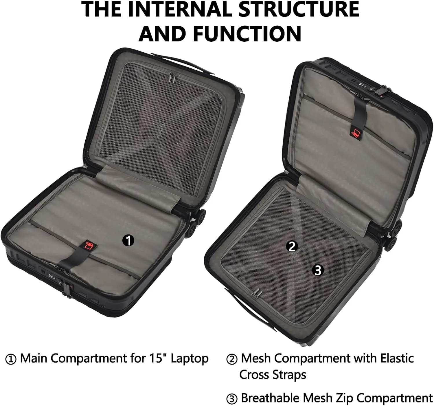 TydeCkare 16" Carry on Luggage with 2 Laptop Compartments, Lightweight Hardshell ABS PC Suitcase with Dual Control TSA Lock, with YKK Zipper, 4 Spinner Silent Wheels, for Business Travel, Black