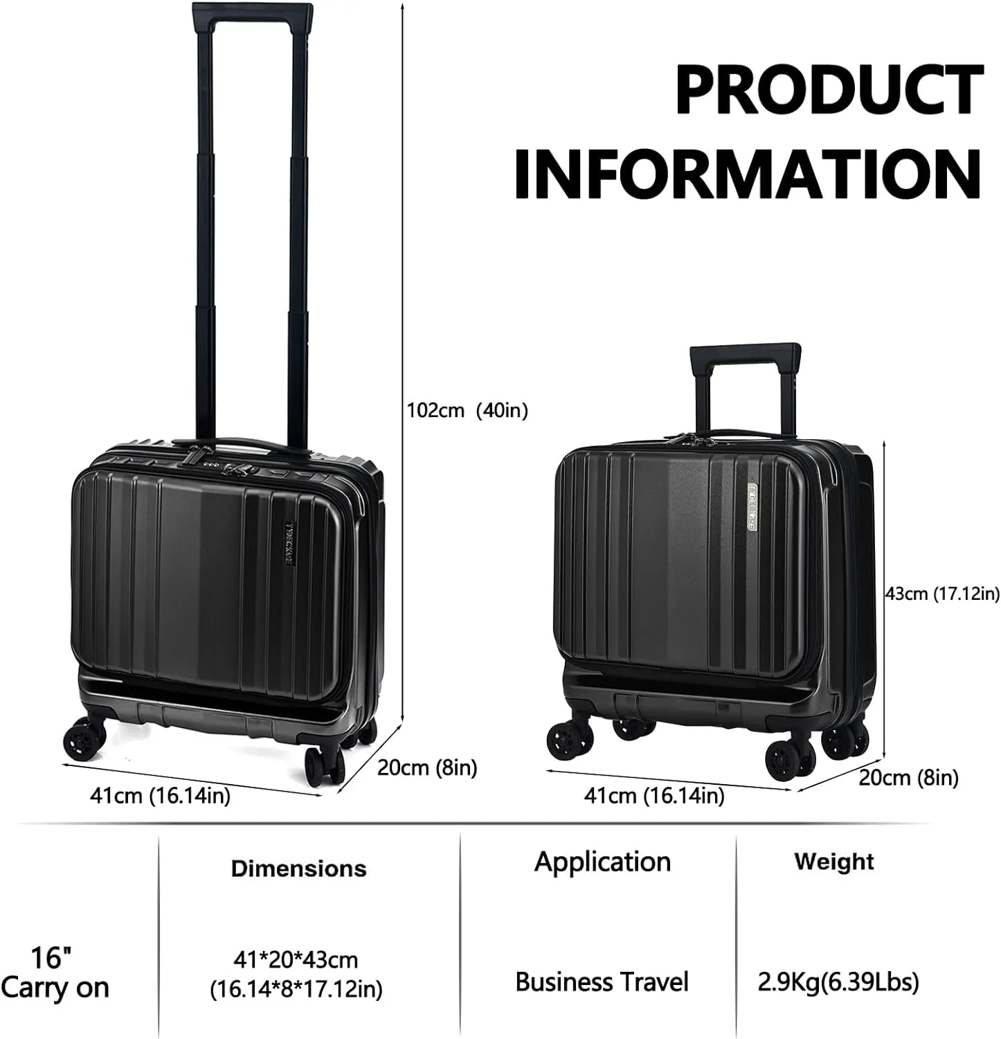 TydeCkare 16" Carry on Luggage with 2 Laptop Compartments, Lightweight Hardshell ABS PC Suitcase with Dual Control TSA Lock, with YKK Zipper, 4 Spinner Silent Wheels, for Business Travel, Black
