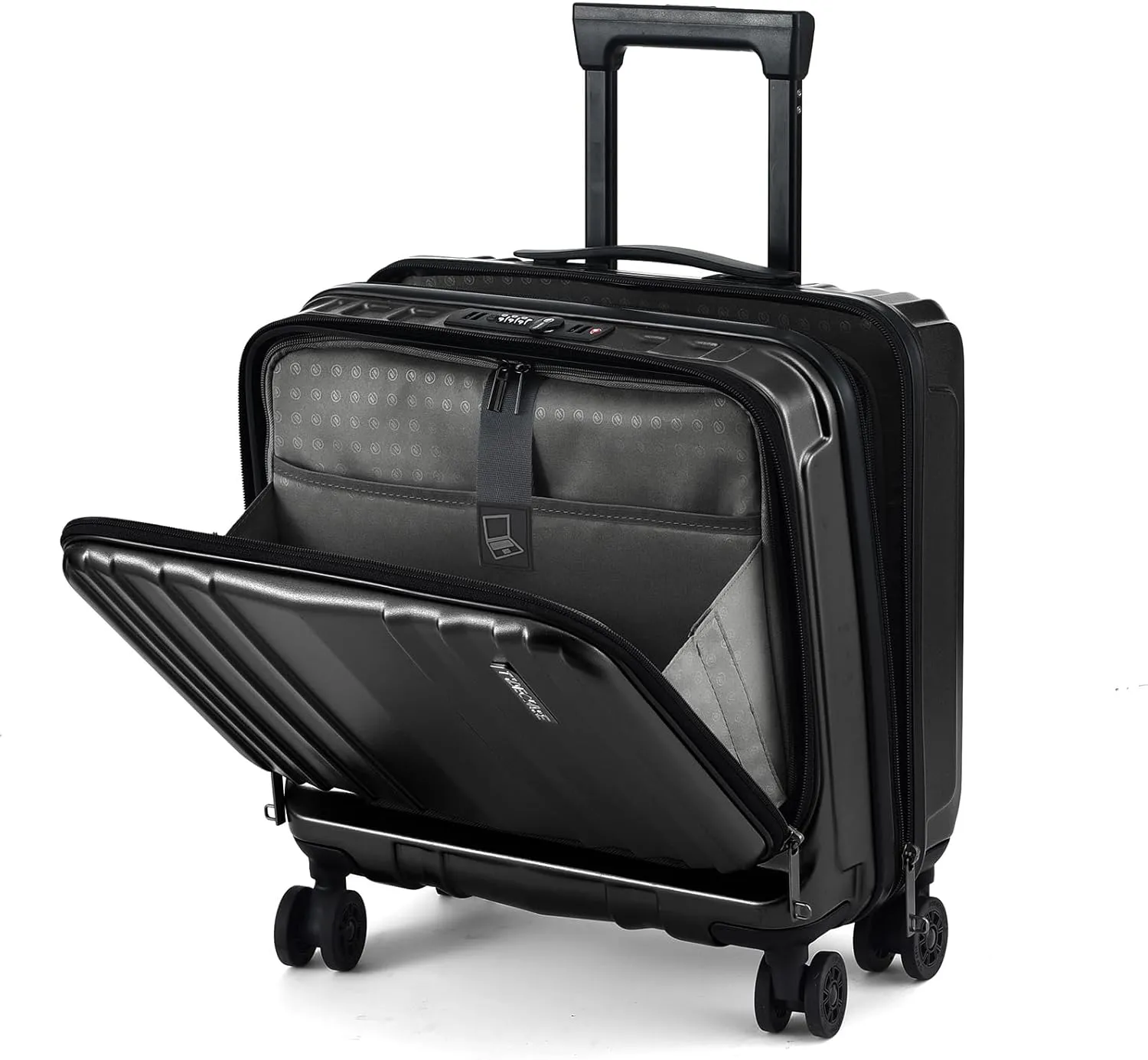 TydeCkare 16" Carry on Luggage with 2 Laptop Compartments, Lightweight Hardshell ABS PC Suitcase with Dual Control TSA Lock, with YKK Zipper, 4 Spinner Silent Wheels, for Business Travel, Black