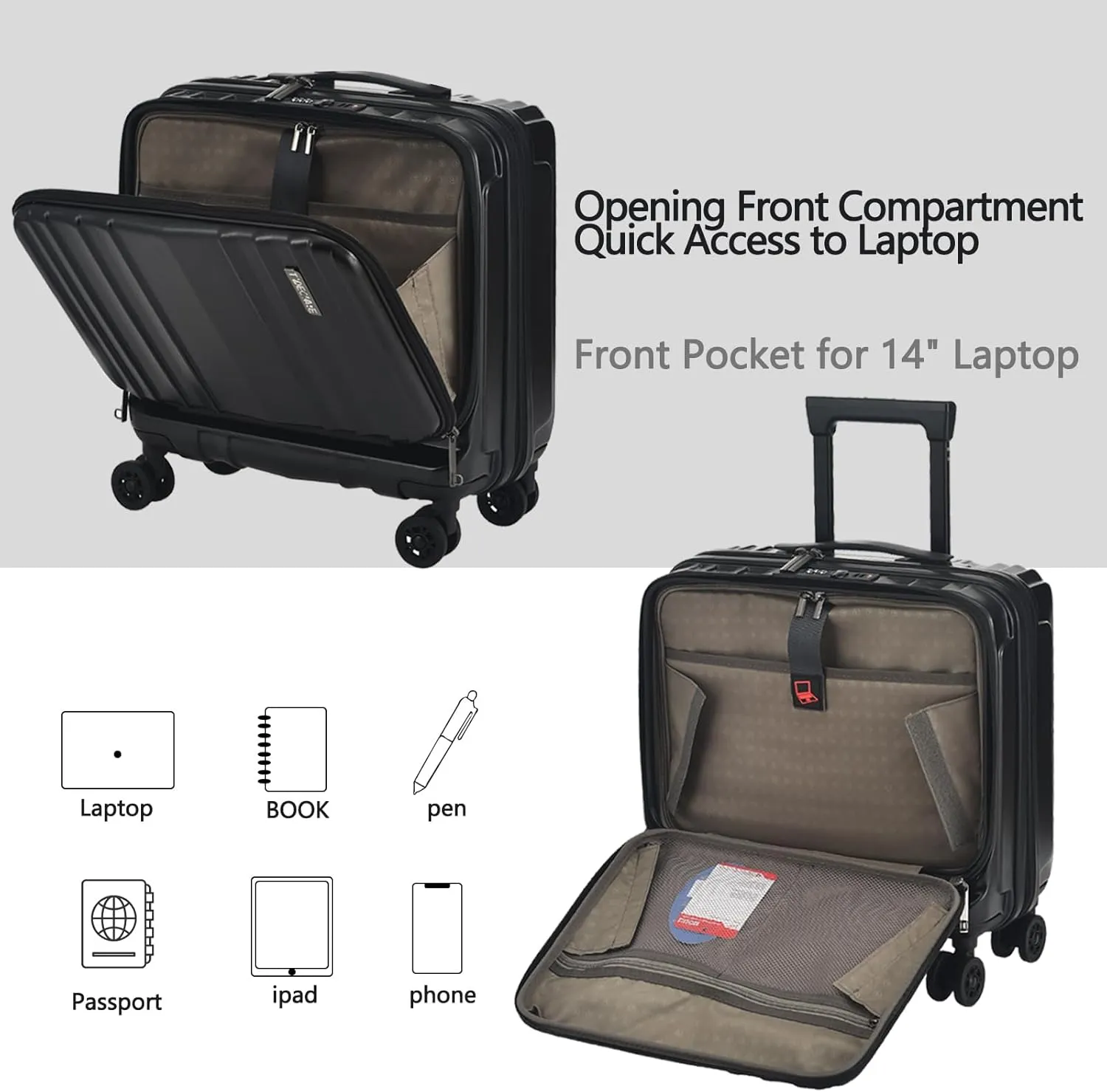 TydeCkare 16" Carry on Luggage with 2 Laptop Compartments, Lightweight Hardshell ABS PC Suitcase with Dual Control TSA Lock, with YKK Zipper, 4 Spinner Silent Wheels, for Business Travel, Black