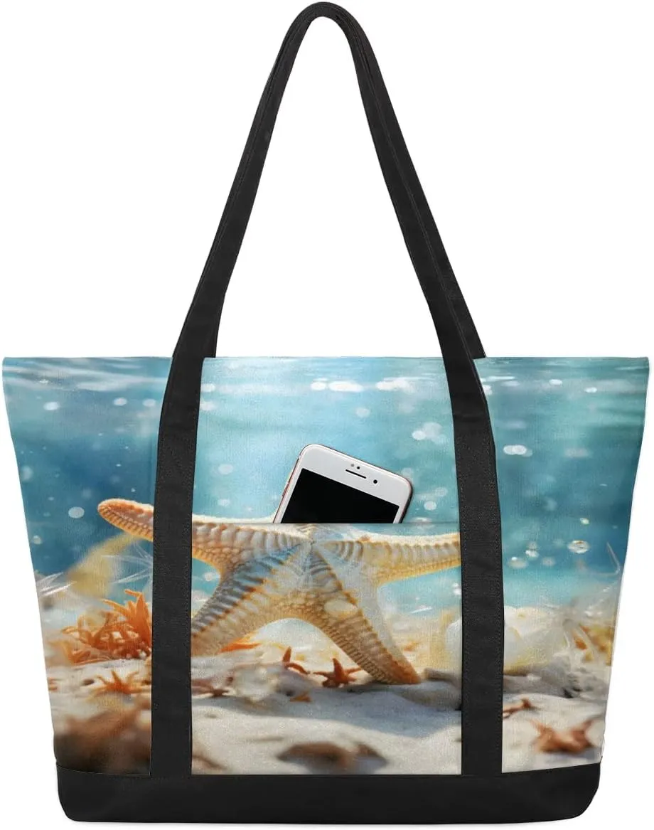 Undersea Starfish Tote Bag for Women Work Canvas Travel Tote Bags with Zipper Large Capacity Casual Handbag with Inner Pockets Reusable Shopping Shoulder Bag for Teacher Nurse