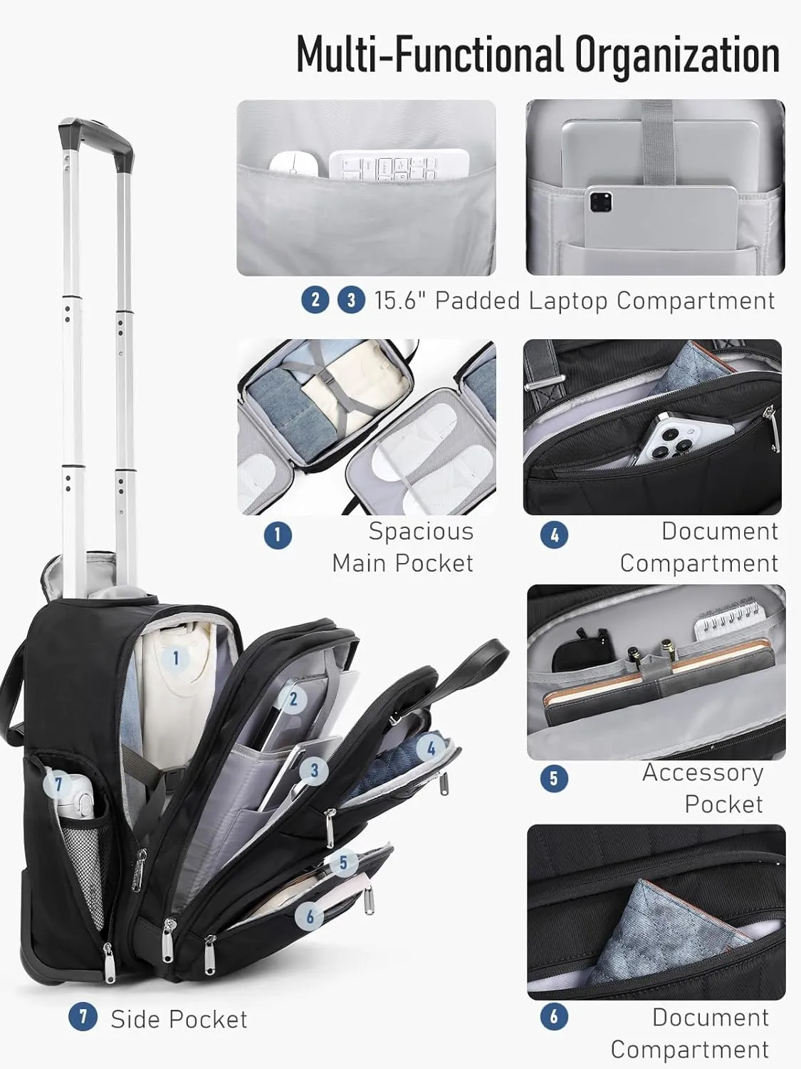 Underseat Carry On Luggage with Wheels, 16-inch Softside Rolling Bag, Lightweight Small Suitcase, Personal Item Travel Bag for Women (Black)