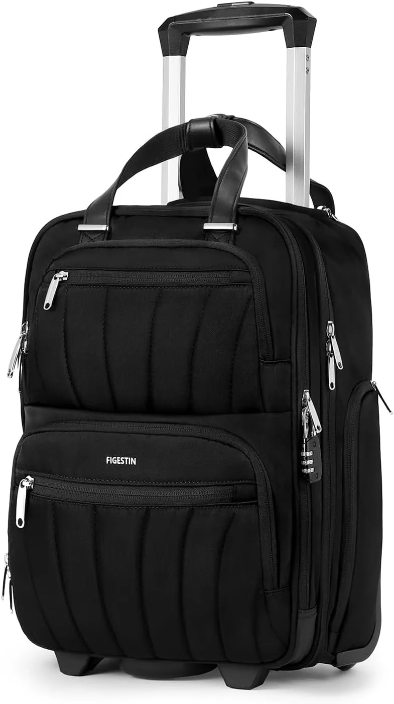 Underseat Carry On Luggage with Wheels, 16-inch Softside Rolling Bag, Lightweight Small Suitcase, Personal Item Travel Bag for Women (Black)