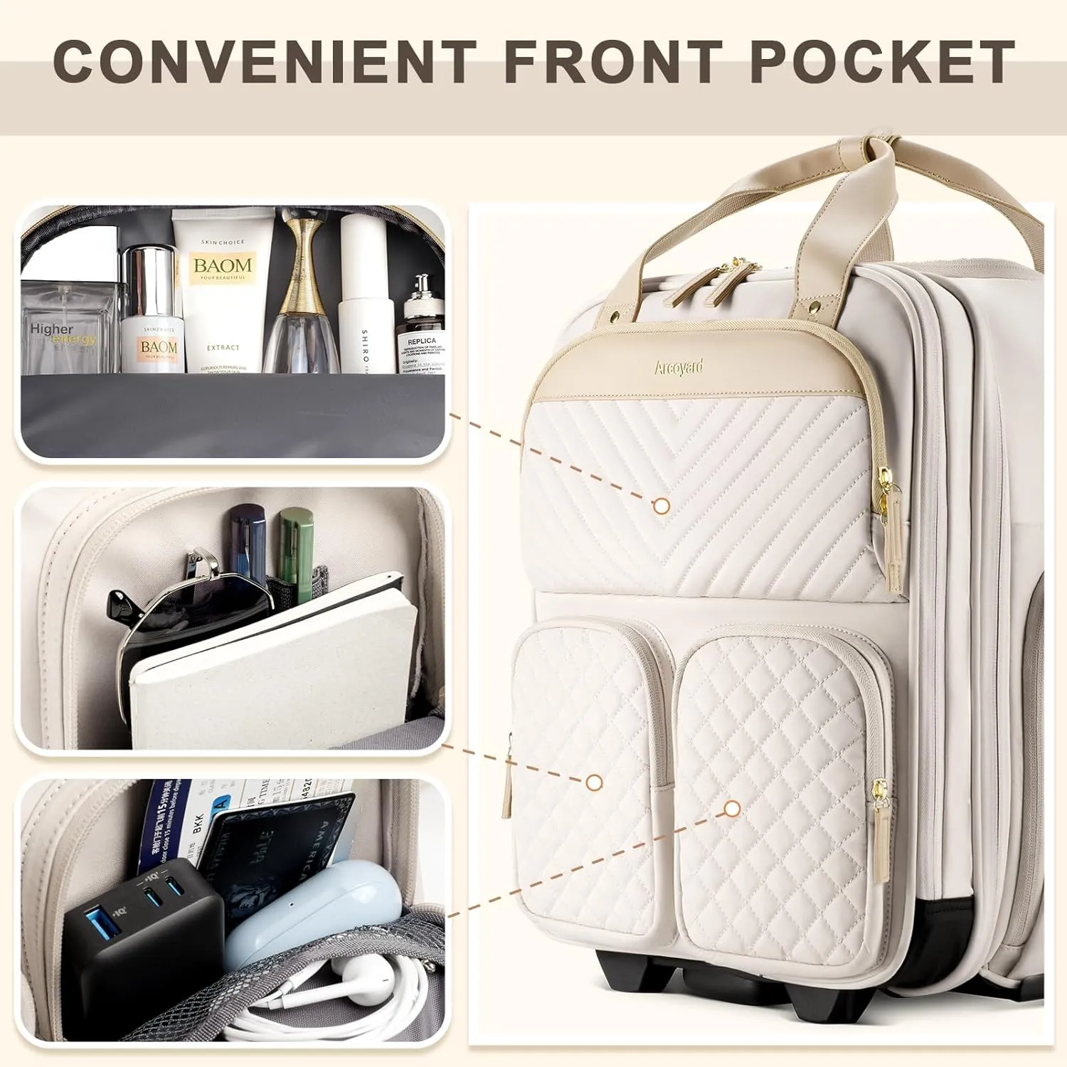 Underseat Carry On Luggage with Wheels, Lightweight Travel Airline Approved Personal Item Bag, Multiple Compartments Carry-On Rolling Suitcase for Women, Beige