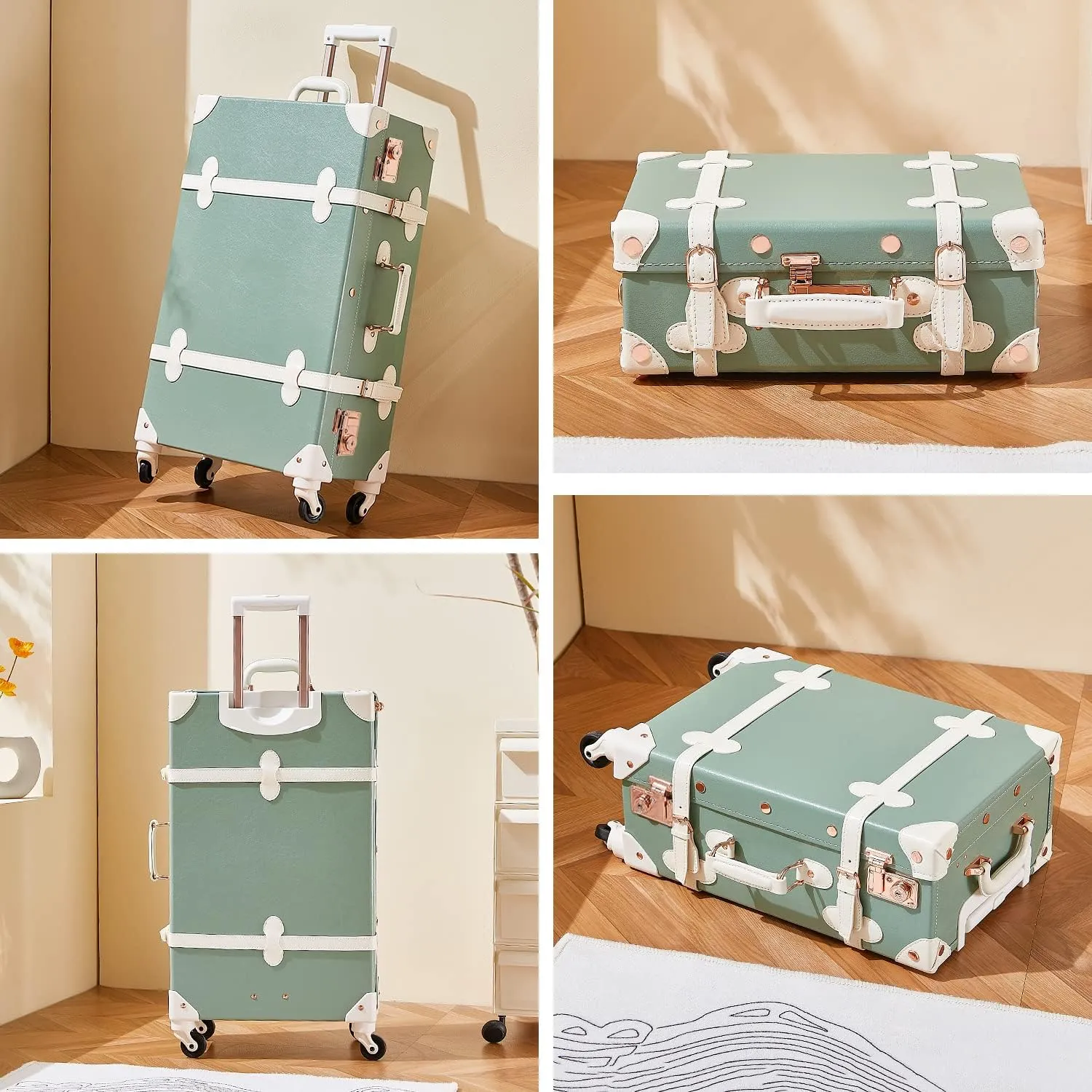 Unitravel 2 Piece Vintage Luggage Set, 20" Women Carry On Suitcase Set with TSA Lock, Faux Leather Spinner Trunk with 12" Train Case (Matcha Green)