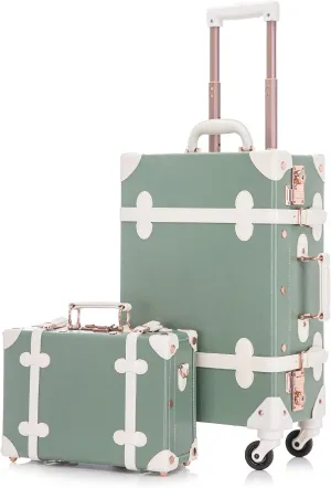 Unitravel 2 Piece Vintage Luggage Set, 20" Women Carry On Suitcase Set with TSA Lock, Faux Leather Spinner Trunk with 12" Train Case (Matcha Green)