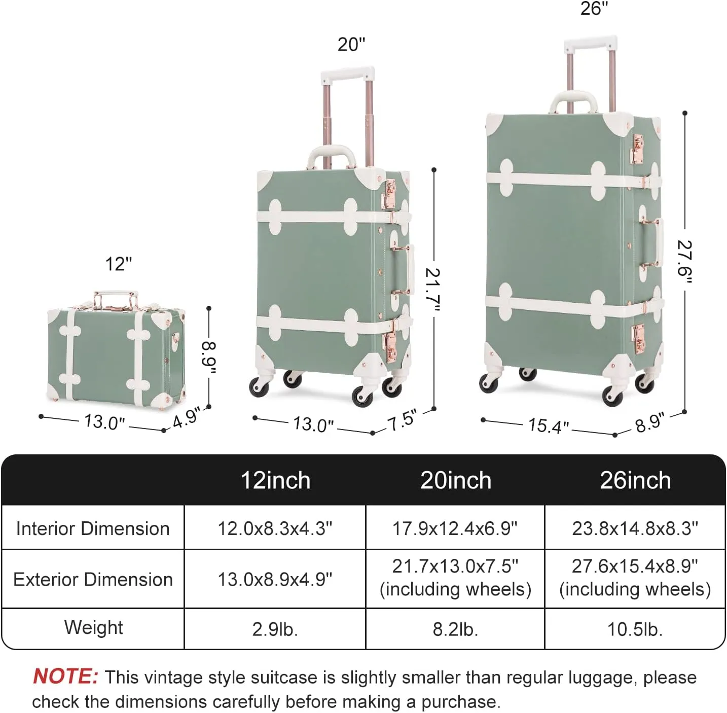 Unitravel 2 Piece Vintage Luggage Set, 20" Women Carry On Suitcase Set with TSA Lock, Faux Leather Spinner Trunk with 12" Train Case (Matcha Green)