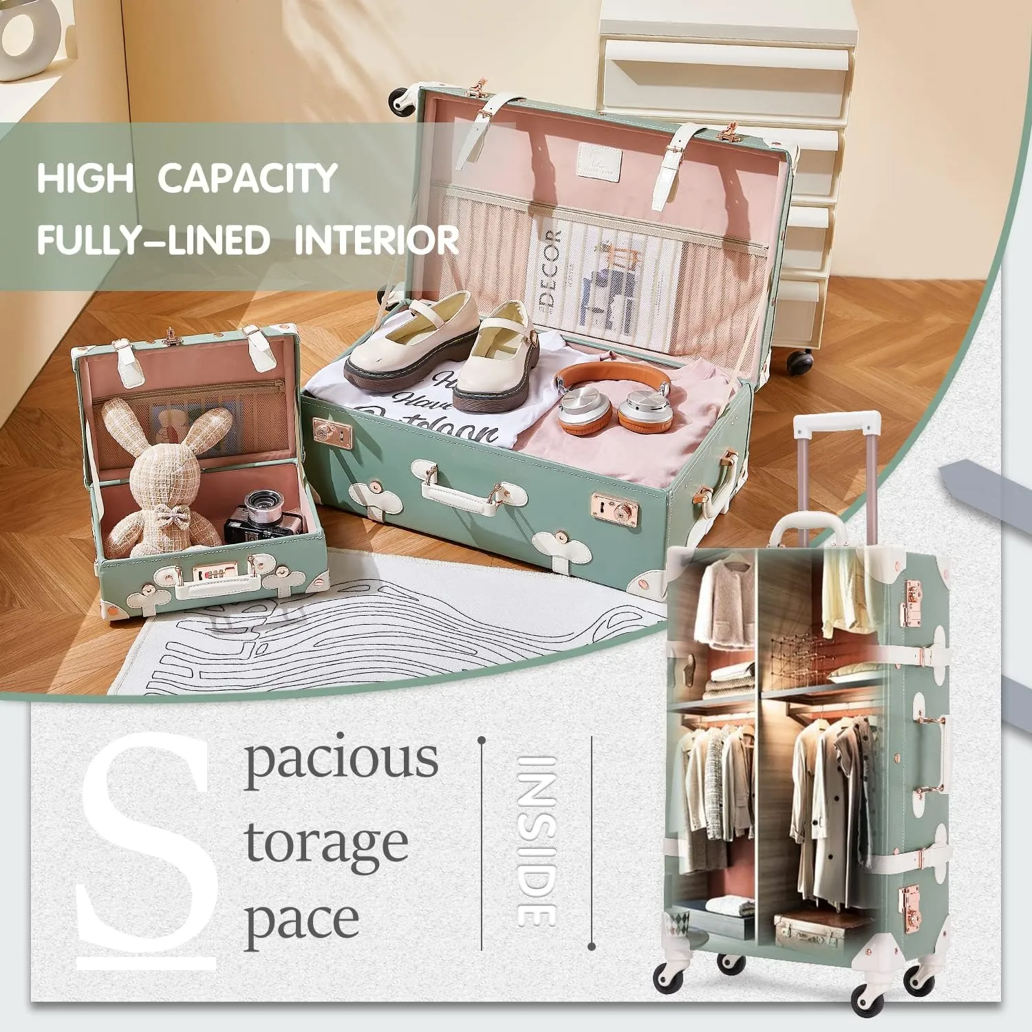 Unitravel 2 Piece Vintage Luggage Set, 20" Women Carry On Suitcase Set with TSA Lock, Faux Leather Spinner Trunk with 12" Train Case (Matcha Green)