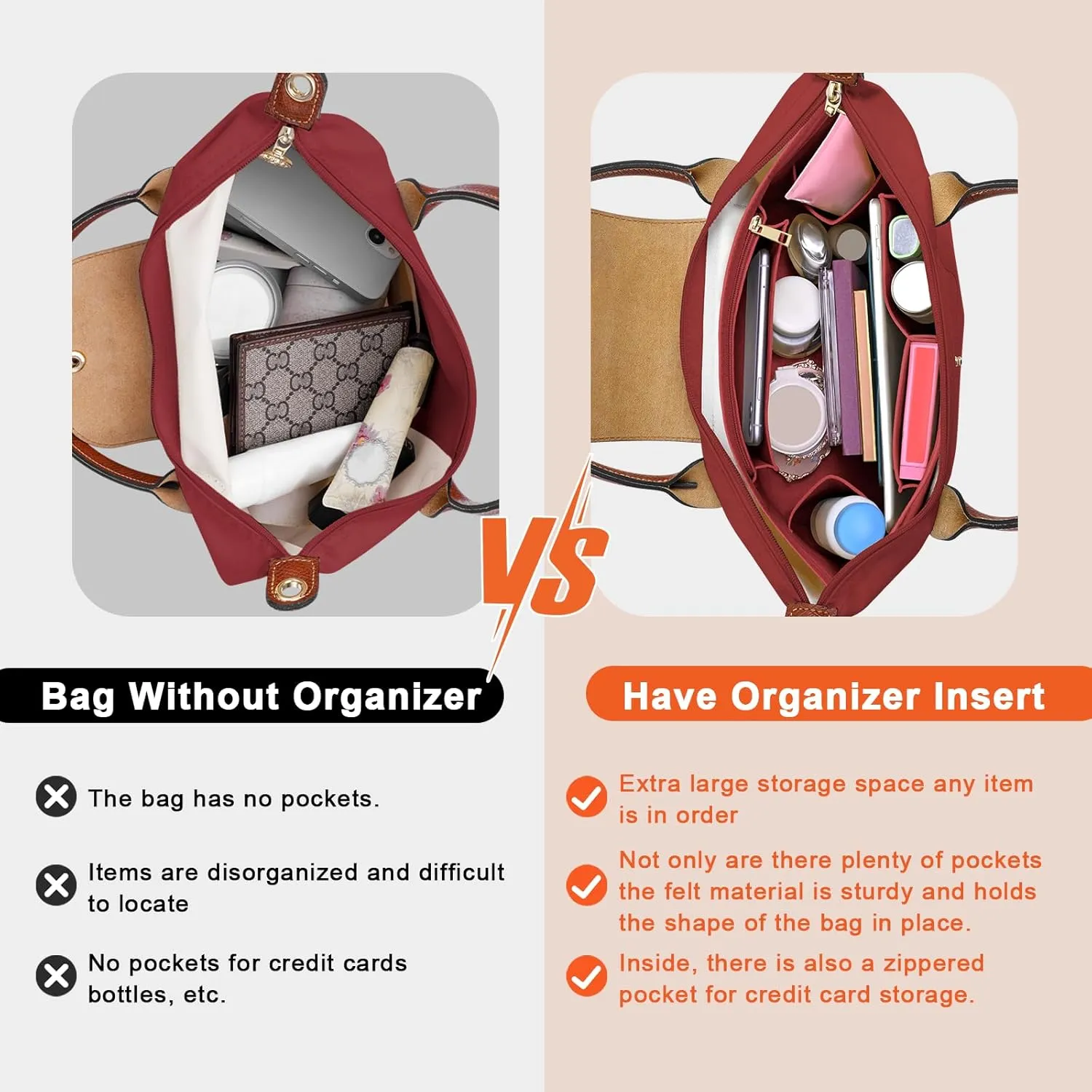 Upgraded Felt Organizer Insert for Longchamp Le Pliage L Handbag Insert (BurGundy, Large)