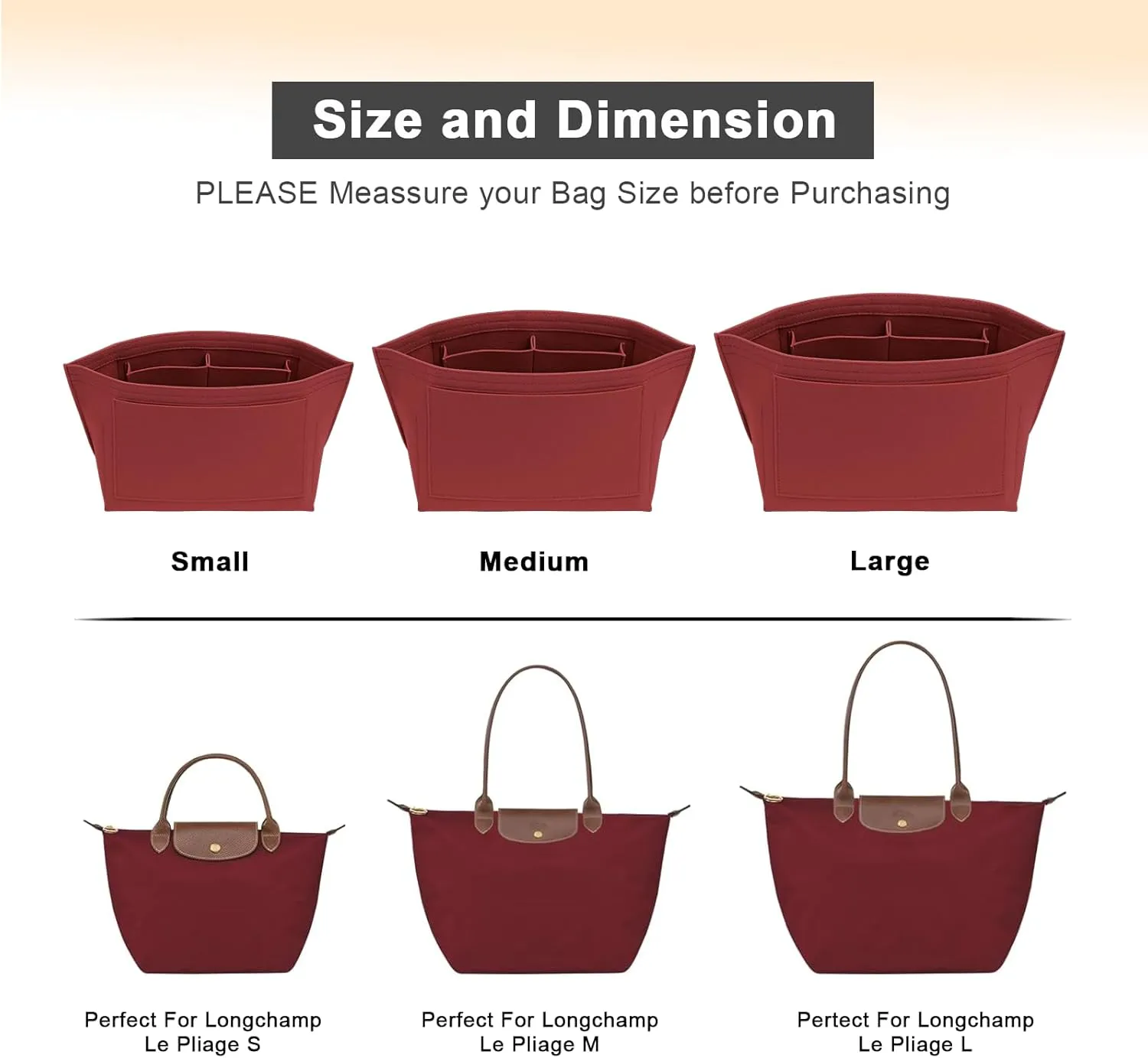 Upgraded Felt Organizer Insert for Longchamp Le Pliage L Handbag Insert (BurGundy, Large)